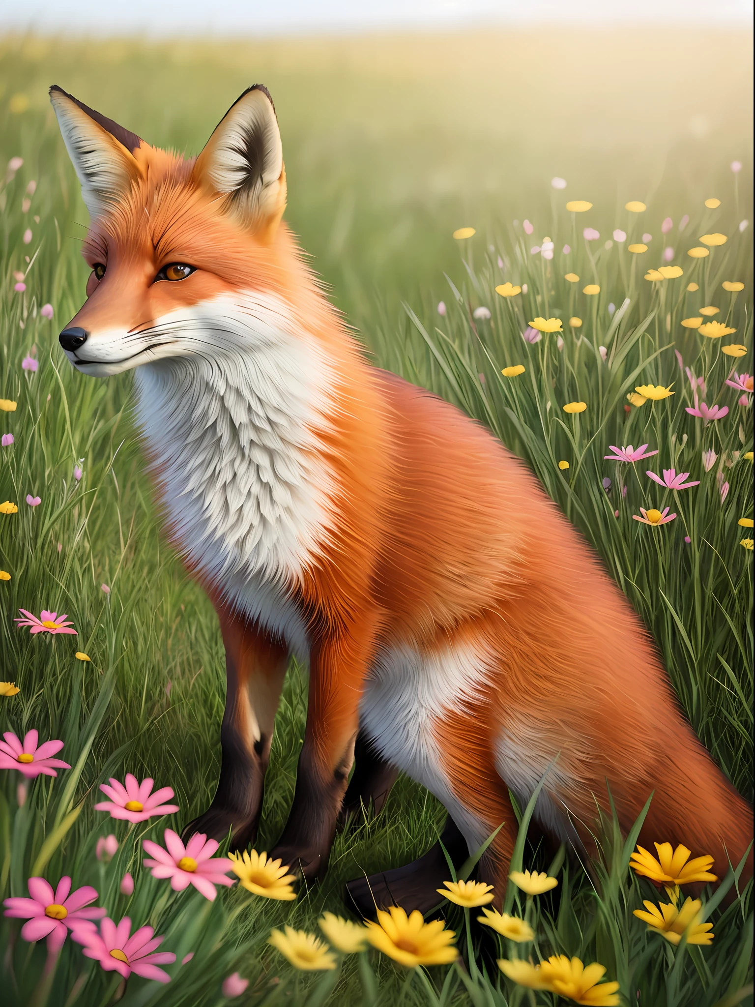 Beautiful fox, eyes open, smiling, grass, flowers, and good lighting, ultra detailed