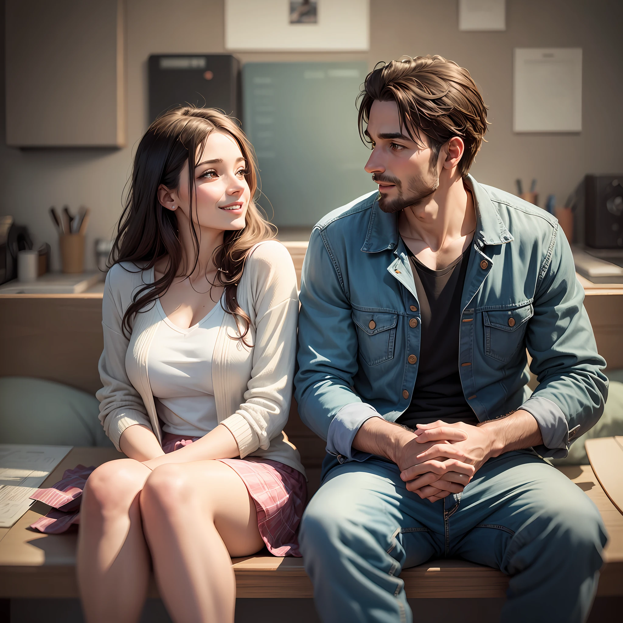 Happy couple, man and woman talking, 30 years old, realistic image --auto --s2