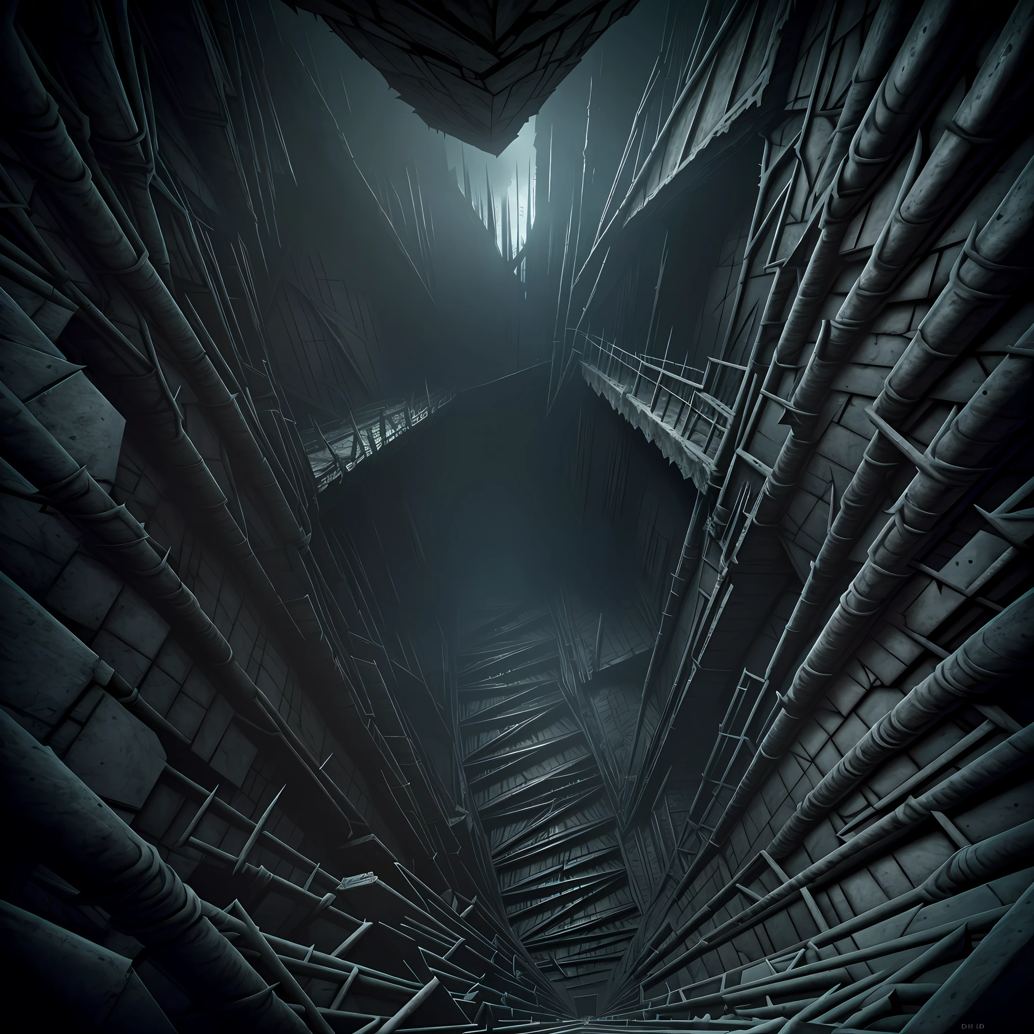Vast angle, view from the top of peak, inside of Dol Guldur, dark floors, one floor with balcony to abyss view, and floor with madness stair downside, thorns, spiked walls. Creepy illustration, Horror art, artstation, uhd, unreal engine, line art drawing style.