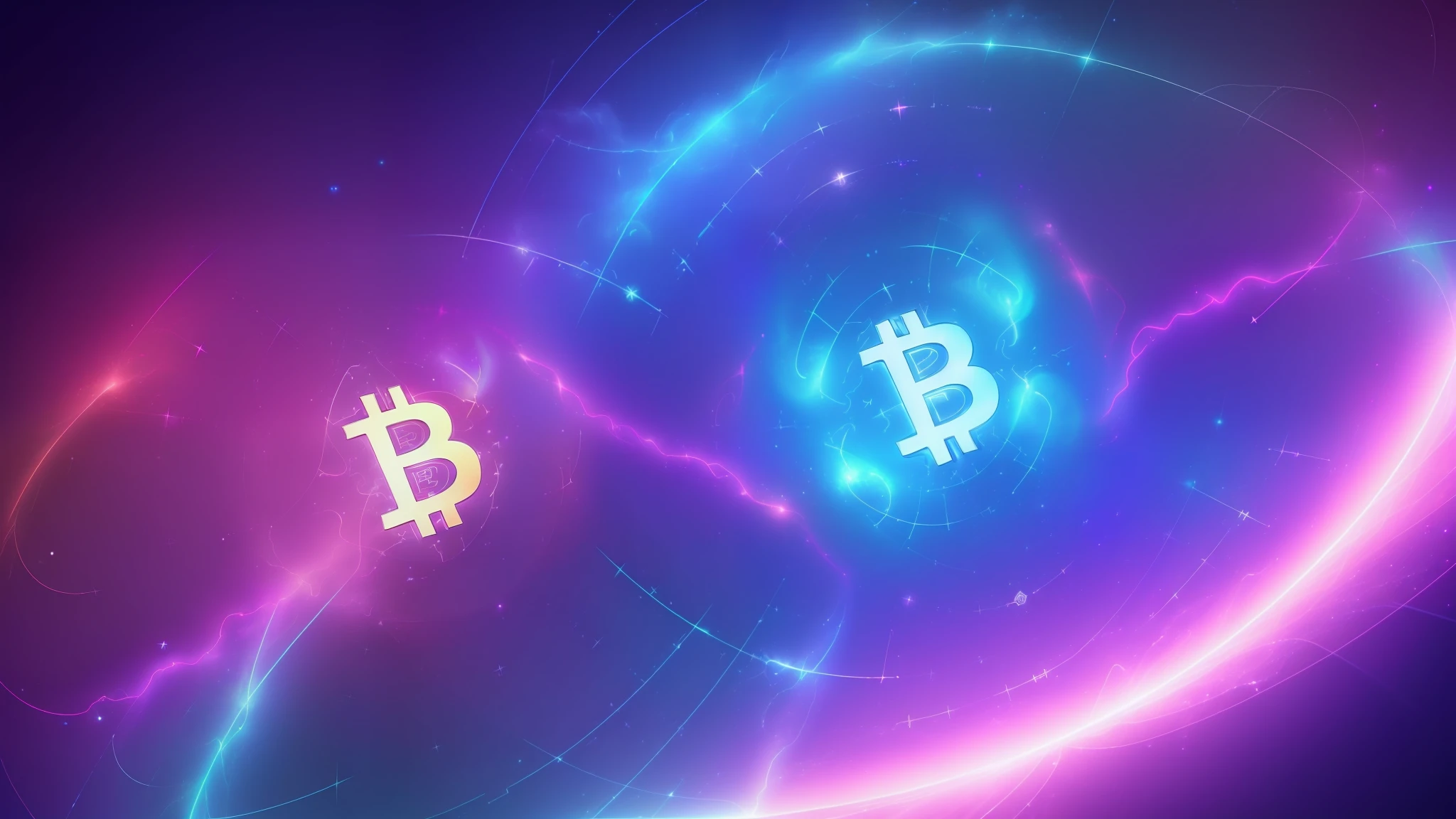 (only two:1.5) glowing twisted rings of astral energy, left and right, small and big, connected by many thick electric arcs, particle space background (with a Bitcoin B faded in the backdrop at 5% opacity:1.3), nebula, amazing wallpaper, above the clouds, quasar, quantum, quarks, purple, magenta