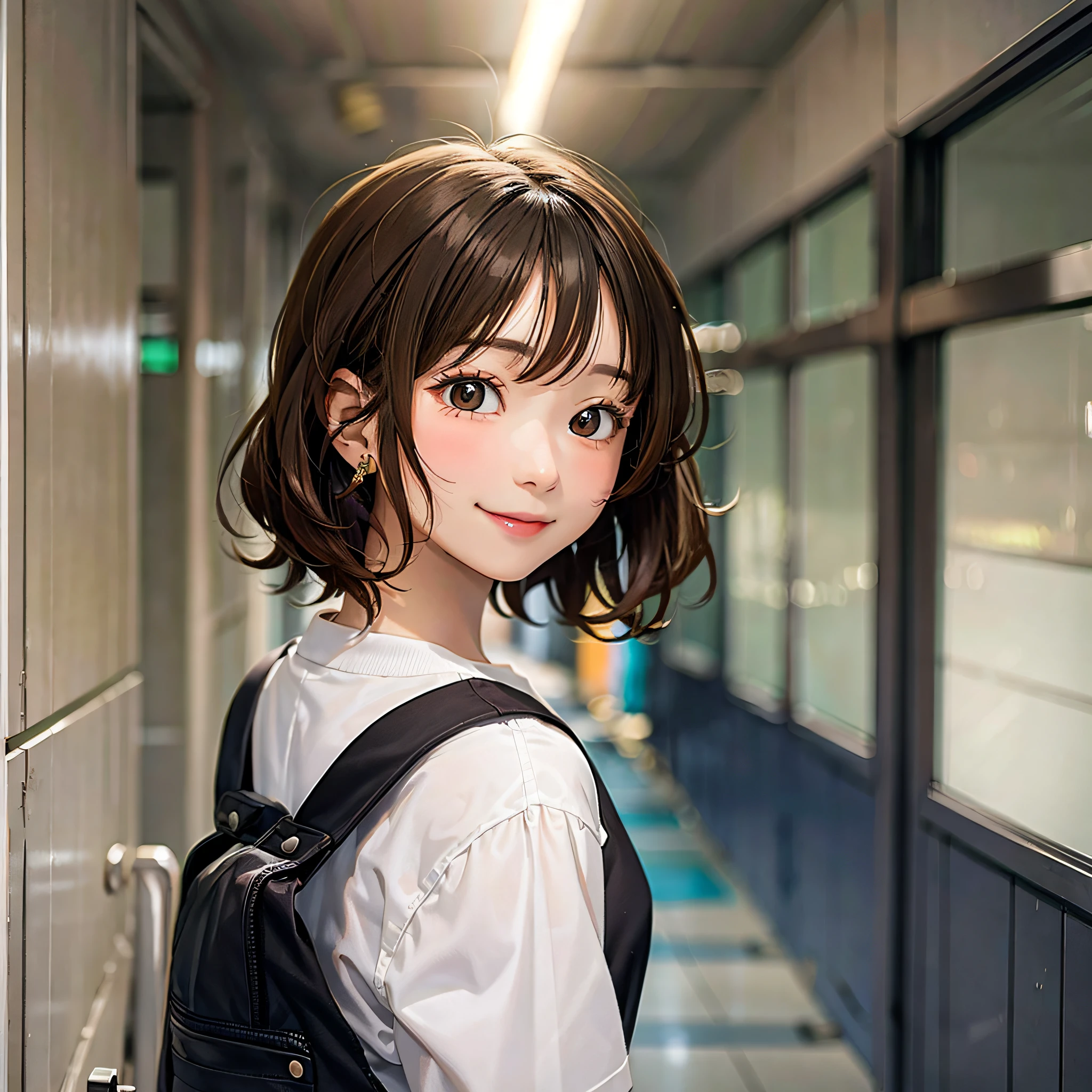 Bob-haired,14-year-old girl,school,hallway,jersey,brown eyes,smiling,chubby,profile,
