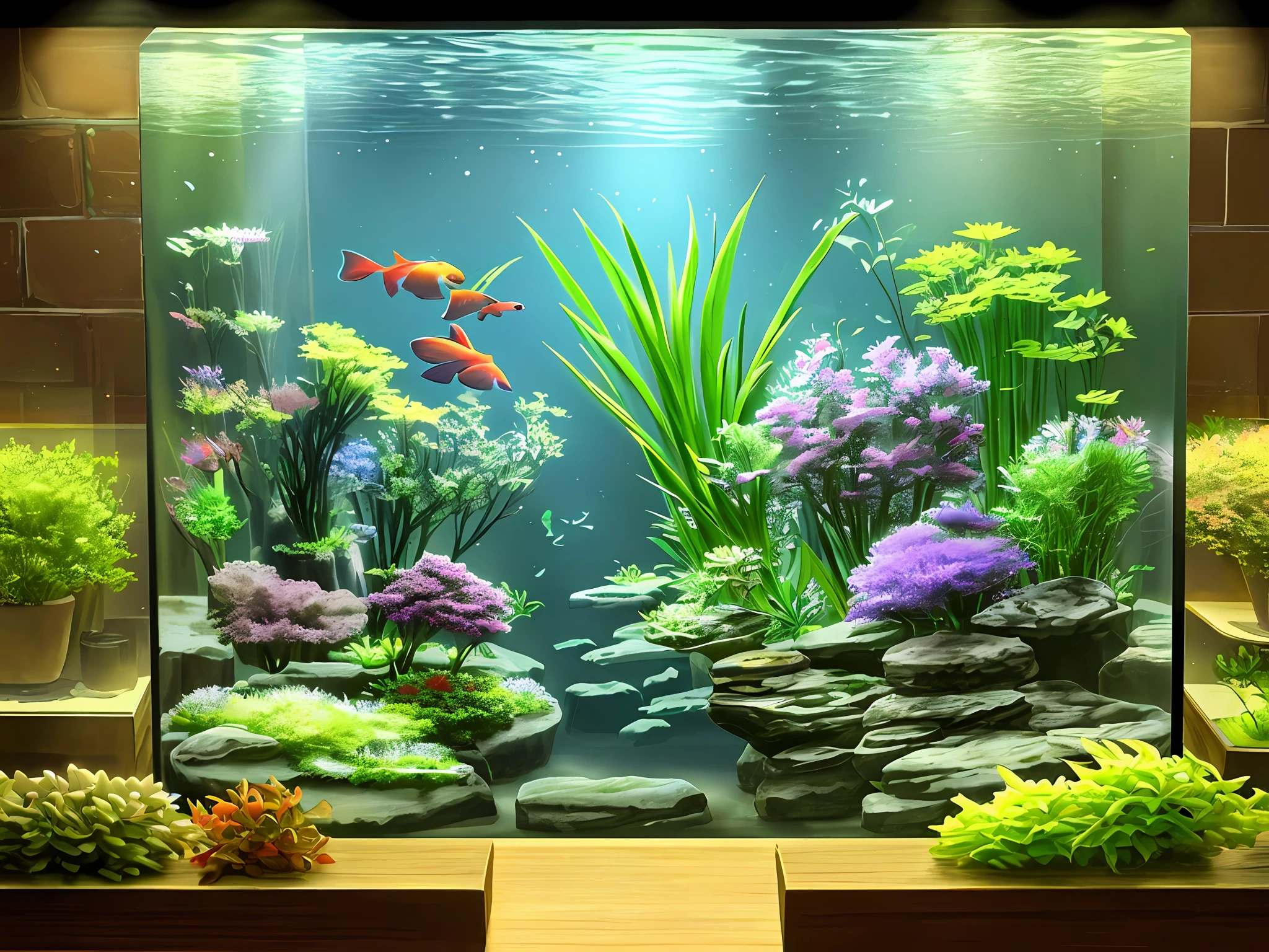Fish tank, aquatic plants, ornamental fish, best quality, super high resolution, (fidelity: 1.4), soft lighting