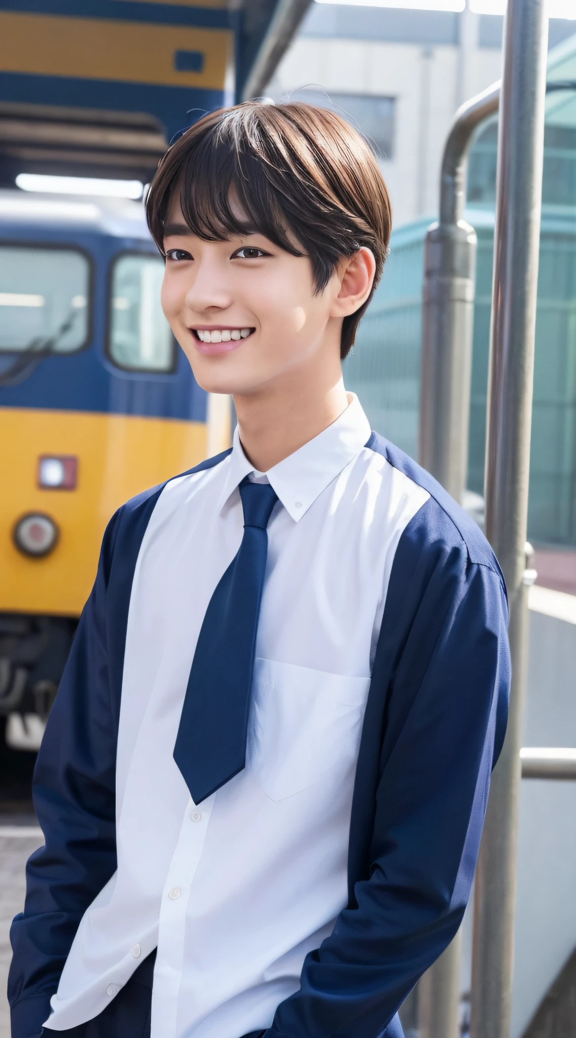 (Top Quality, 8k, Masterpiece: 1.4)), Profile waiting for train on station platform, High school boy in uniform with beautiful white half-sleeved shirt with manly model body shape with moderate muscles: 1.4, Style like a model: 1.5, At the beach: 1.2, very detailed face and skin texture, detailed eyes, double eyelids, real life anime boy standing on the station platform, There is a close-up of a young anime boy, anime. Soft lighting, phosphorus, shot with Canon EOS R 6, photorealistic animation, shot on Canon EOS 5d Mark IV, ultra-realistic animation, high school boy in uniform and pants, big eyes and beautiful and cool, hair cut short, smile, smile that can be used in self-introduction