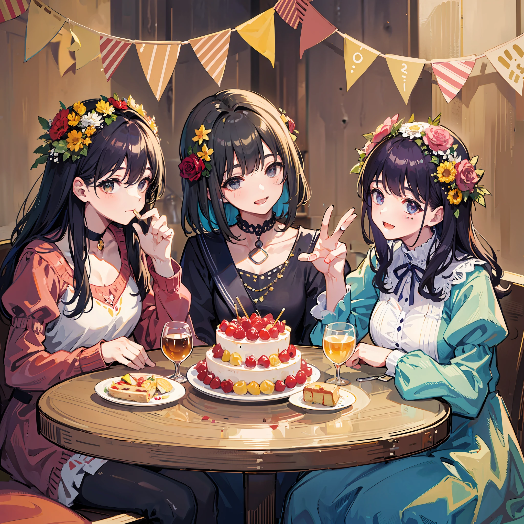This artwork depicts a birthday party where people sit around tables and enjoy good food and joy. The table was filled with sumptuous food and drinks with cakes, fruits, desserts and wines. Everyone had smiles on their faces, talking to each other and blessing each other. The birthday girl/birthday boy sits in the center of the table with a bouquet of carefully selected flowers and some birthday presents. Their faces showed expressions of contentment and joy, as if this moment was the best moment of life.

The color tone of the whole picture is mainly warm golden yellow, which makes people feel warm and happy. Balloons and streamers hang from the surrounding seats and walls, adding to the festive atmosphere. Every detail in the picture is full of delicacy and vividness, making the viewer feel as if they are in the scene and feel the joyful atmosphere of the birthday party.

This work makes people feel the warmth of friendship and family, but also shows the beauty and joy in life.