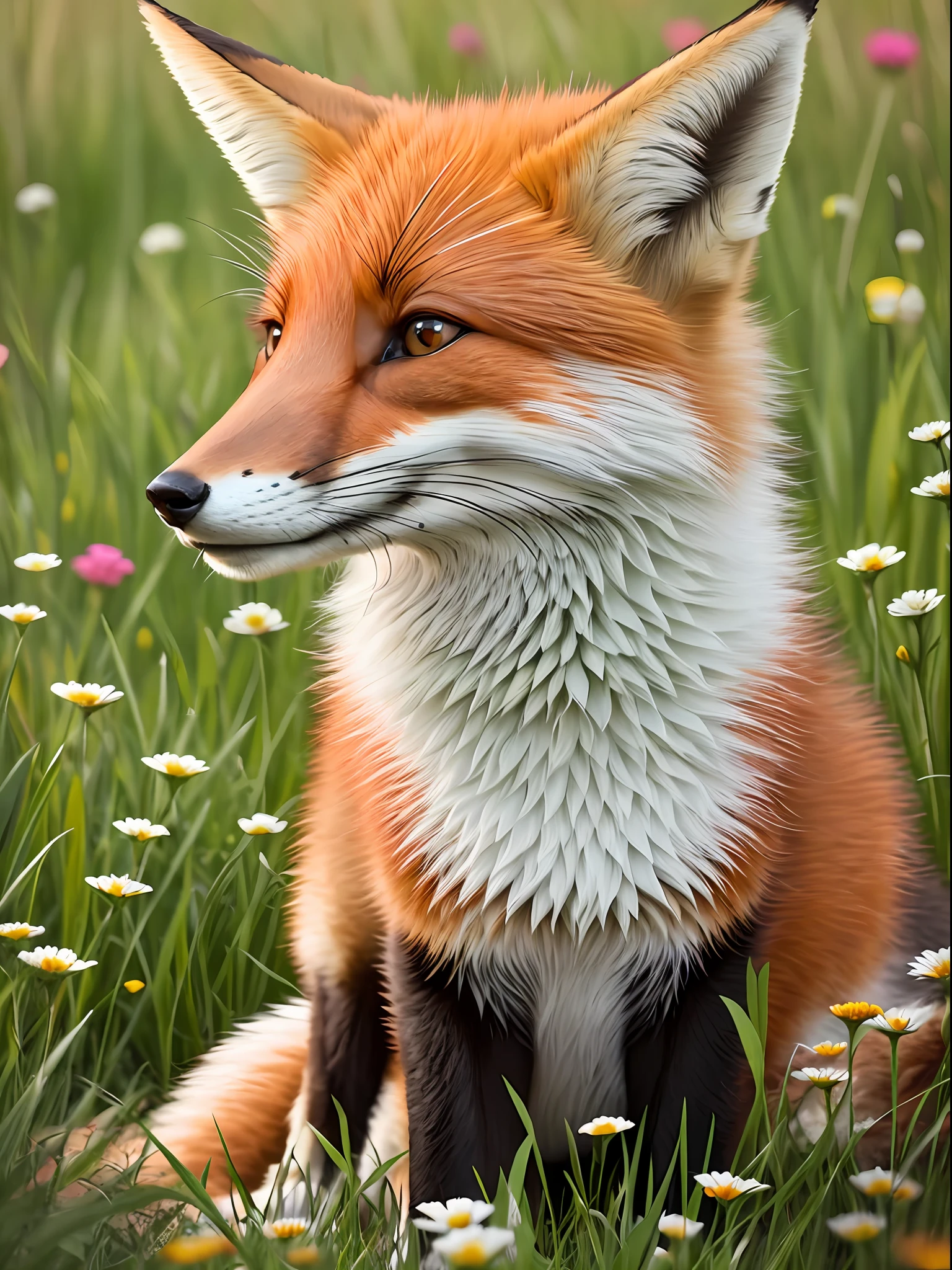 Beautiful fox, eyes open, smiling, watching, hunting, grass, flowers, and good lighting, ultra detailed