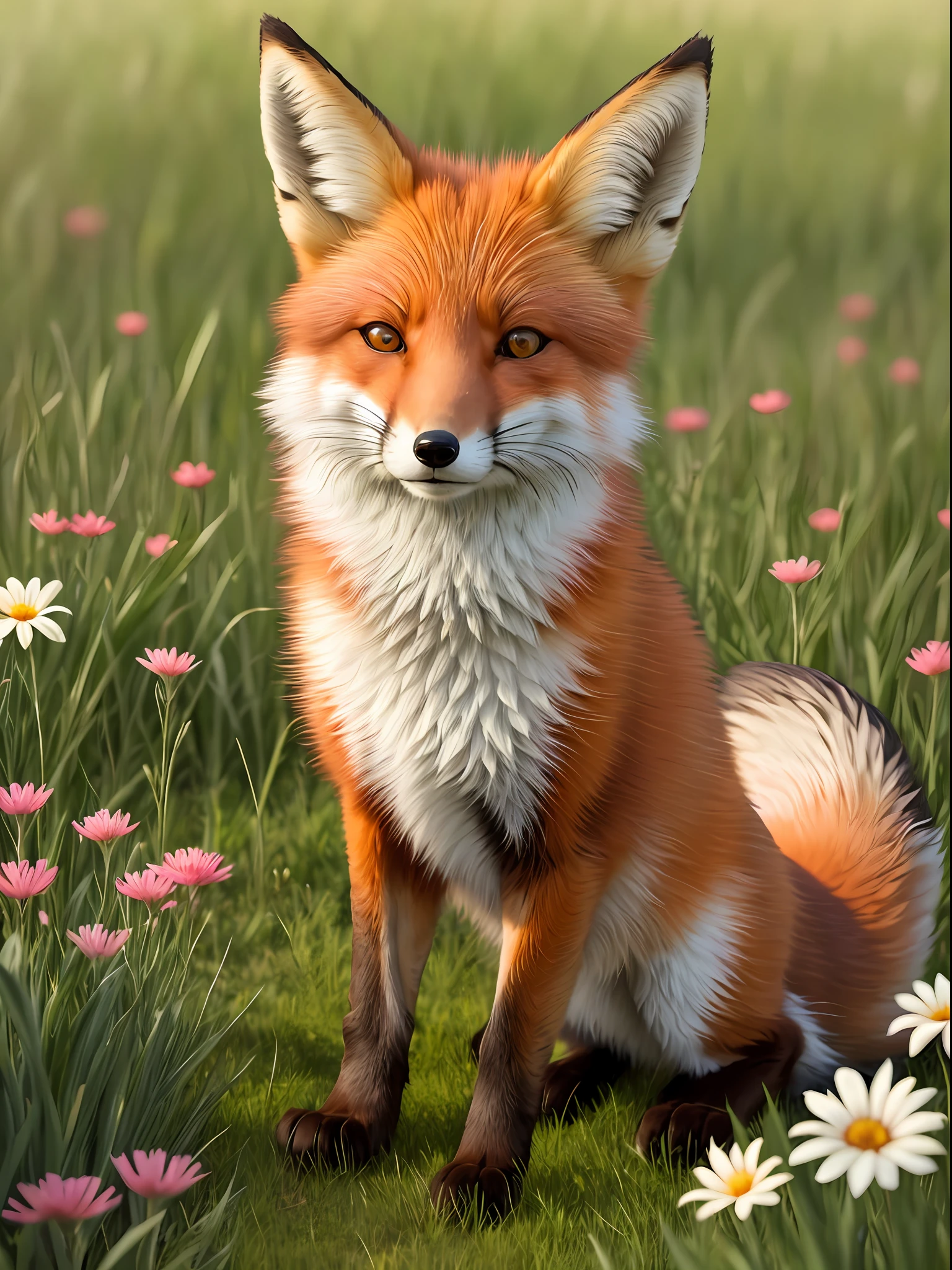 Beautiful fox, eyes open, smiling, watching, hunting, grass, flowers, and good lighting, ultra detailed