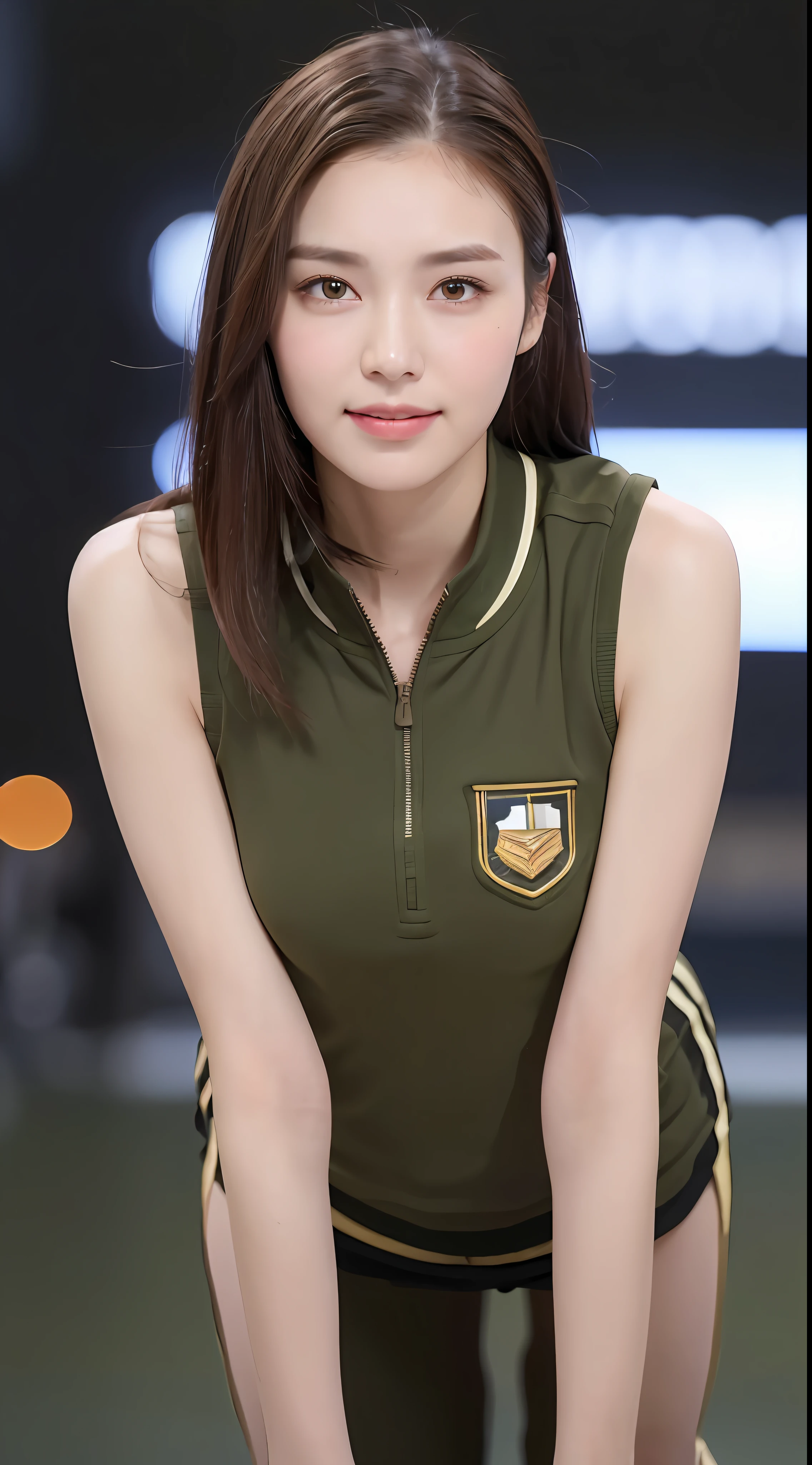 ((Best Quality, 8k, Masterpiece: 1.3)), 1 girl, smile, full body, slim face, pretty woman, (dark brown hair), military uniform: 1.1, (((sporty pose))), extra long legs, super detailed face, detailed eyes, double eyelids, tank, blurred background, slim face, battlefield background, particles, full body,