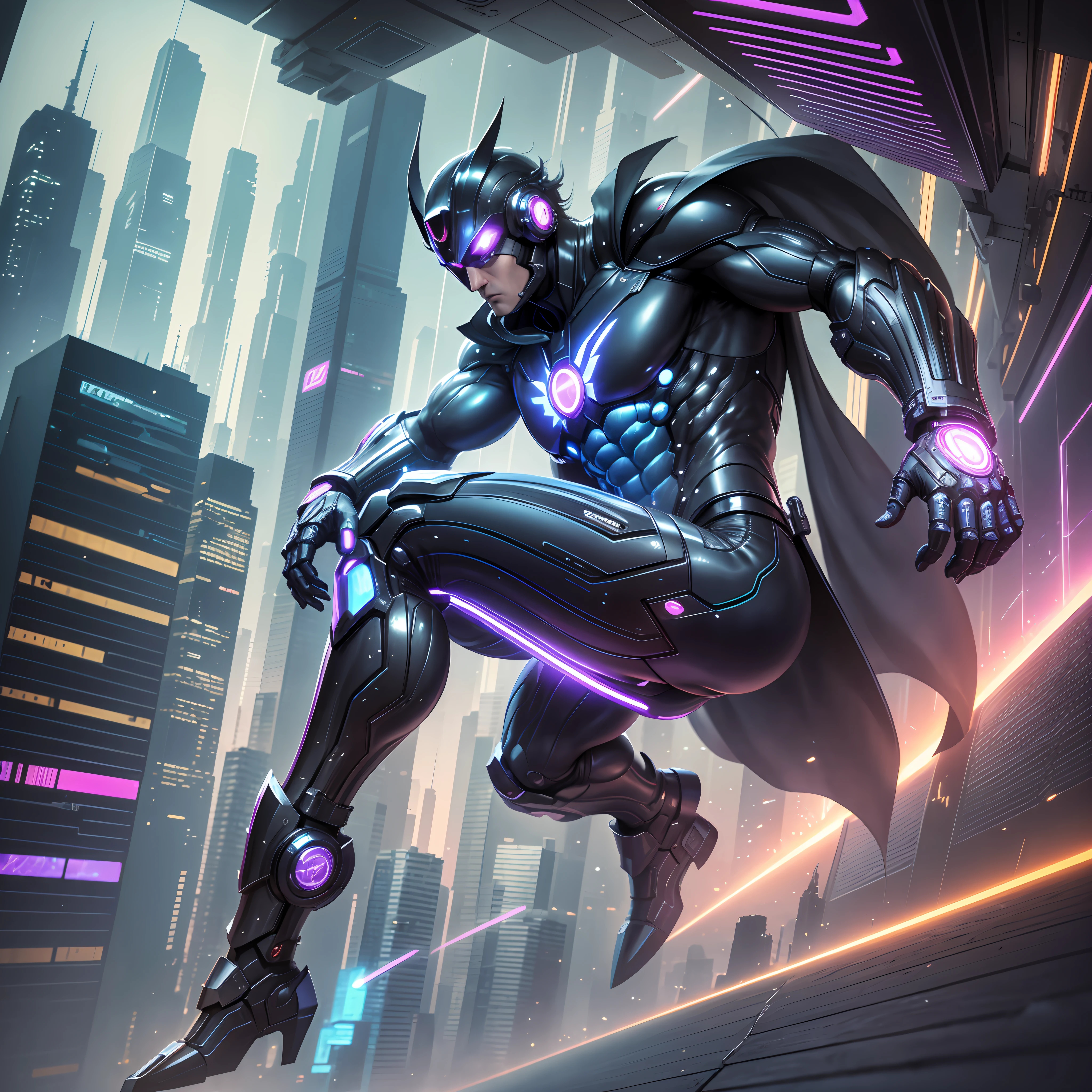 ("#super-homem", "universe cyberpunk", "futuristic city", "flying over the cityscape", "heroic pose", "bulging muscles", "armor:1.2+cybernetic enhancements:1.2+glowing eyes", "cape", "explosion in the background:0.7+neon signs:1.2+laser beams:1.2") --auto --s2