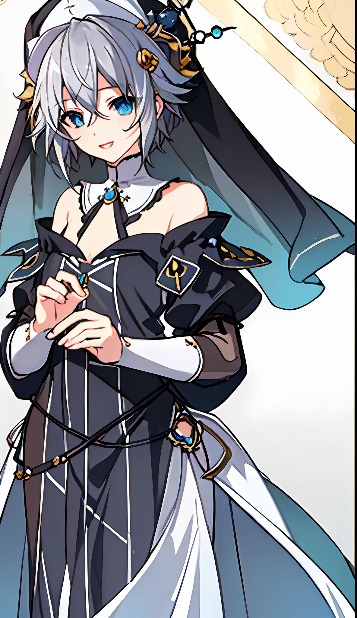 (((Masterpiece)))), (((highest quality)))), (((very detailed))), detailed fingers, precise fingers, non-unnatural hands, gold hair ornament, white sister hat, illustration, black sister's veil, black monastic clothing, NIA,