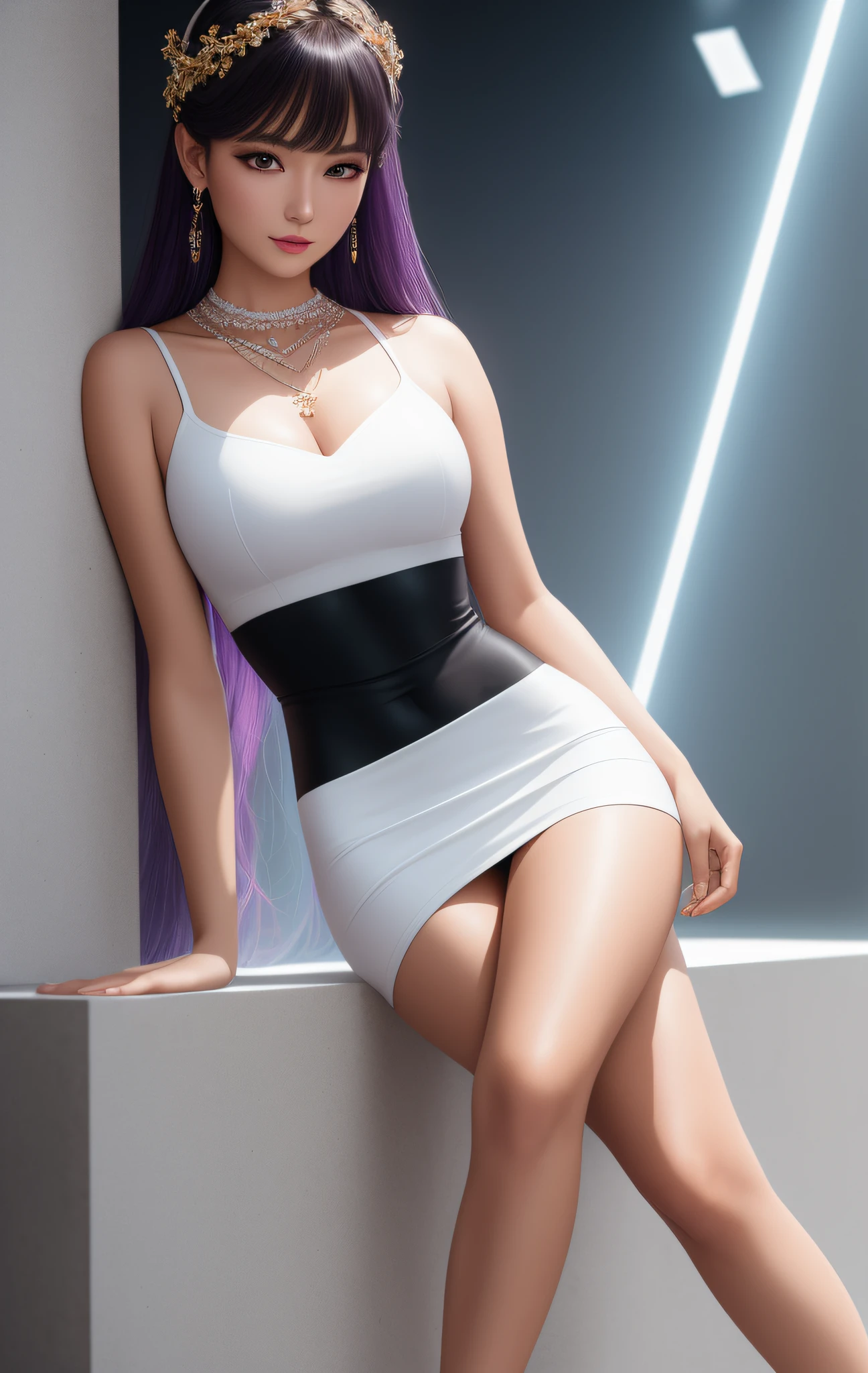 Best Quality, Masterpiece, High Resolution, 5 Girls, Porcelain Dress, Hair Accessories, Necklace, Jewelry, Beautiful Face, Physics, Tyndall Effect, Realism, Dark Studio, Edge Lighting, Two-tone Lighting, (High Detail Skin: 1.2), 8k UHD, DSLR, Soft Light, High Quality, Volumetric Light, Voyage Shot, Photo, High Resolution, 4K, 8K, Bokeh, Oversized Bust, Full Body, Long Legs, High Heels, Purple Short Skirt, White Shorts, Black Yoga Pants, Retouched Face