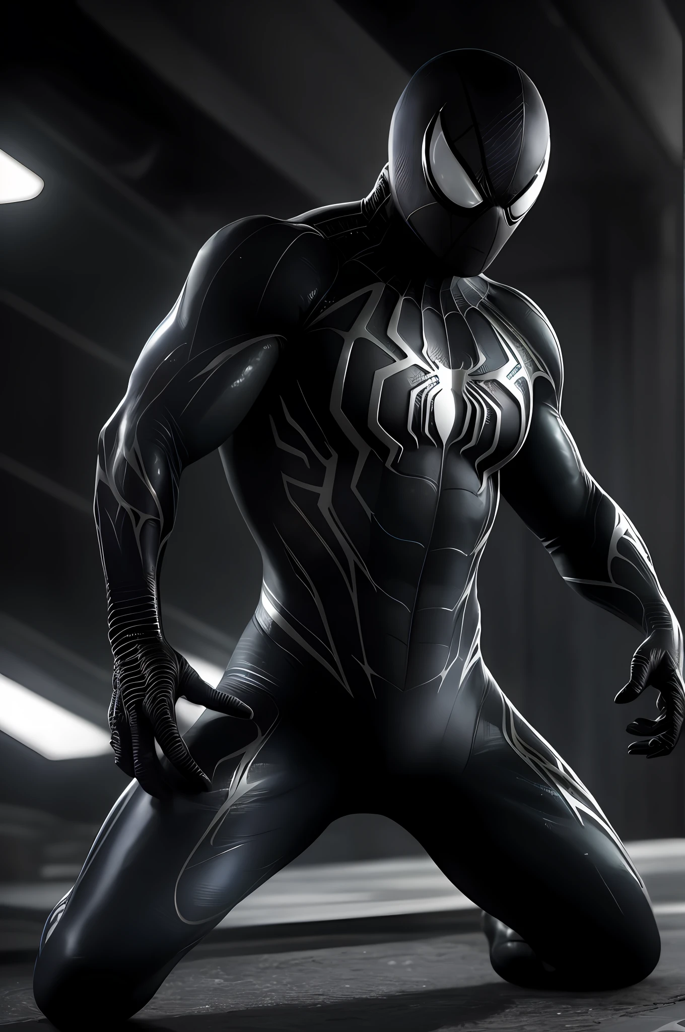 8k, RAW photo, best quality, masterpiece: 1.2), ultra detailed, official art, photo-realistic: 1.37, PS5 cinematic screenshot, highly detailed and detailed cinematic rendering, ultra photorealistic raytricing, with cinematic lighting, Black and White Spider-Man, Venom Symbiote Suit, Glittery Goo Organic Suit