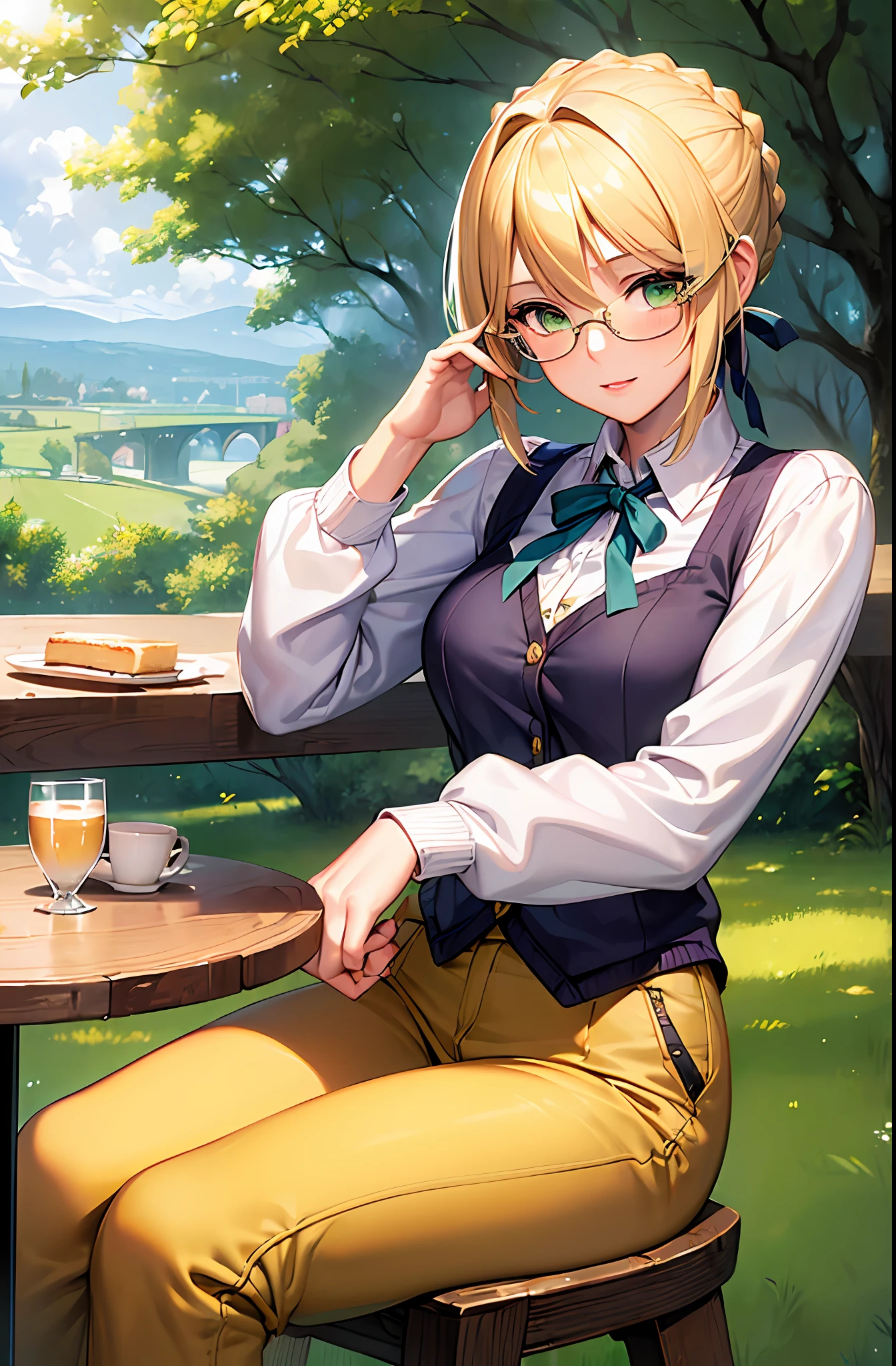 (masterpiece:1.4), (best quality:1.4), realistic, 1girl, artoria pendragon \(fate\), saber, blonde hair, braid, green eyes, short bangs, short hair, smile, close up, blushing, parted lips, cafe, table, sitting down, byriver, cloudy sky, (yellow tinted glasses:1.2), black cargo trousers, boots, tshirt, cardigan,