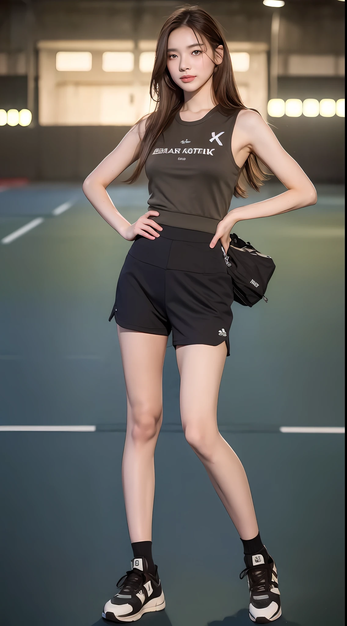 ((Best Quality, 8k, Masterpiece: 1.3)), 1 girl, smile, full body, slim face, pretty woman, (dark brown hair), military uniform: 1.1, (((sporty pose))), extra long legs, super detailed face, detailed eyes, double eyelids, tank, blurred background, slim face, battlefield background, particles, full body,