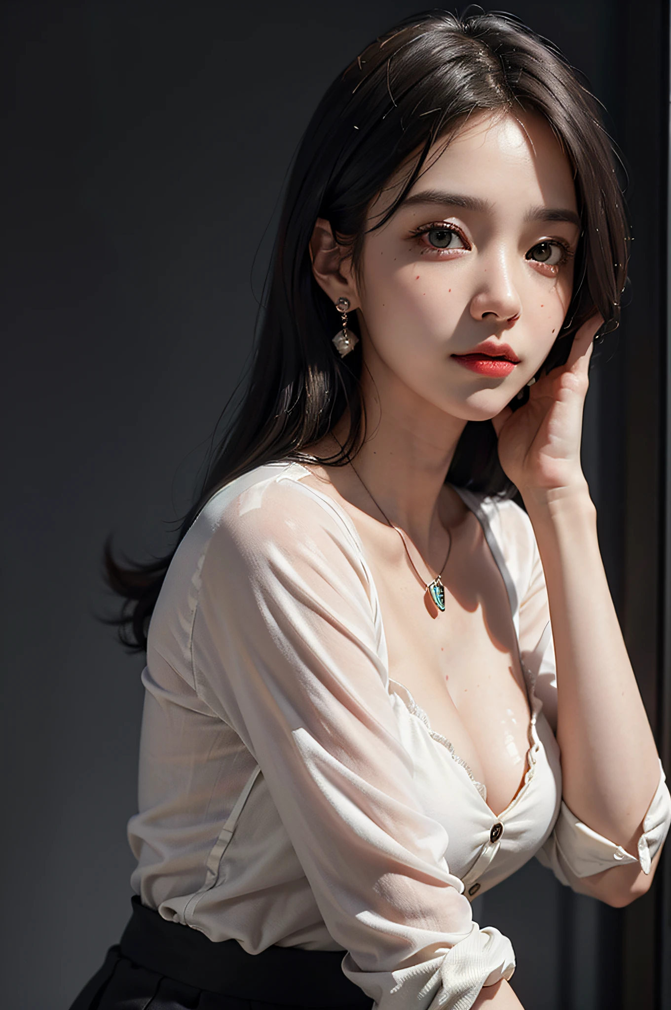 Mini skirt, full body, wearing only one long shirt (open all buttons: 1.1), big, deep cleavage, top quality, masterpiece, illustration, very delicate and beautiful, very detailed, CG, unity, 8K wallpaper, amazing, fine detail, highly detailed CG Unity 8K wallpaper, huge file size, very detailed, high resolution, handsome detail woman, very detailed eyes and face, Amazing detailed eyes, face light, (Best illustration: 1.1), (Best Shadow: 1.1), Ultra High Resolution, (Photoreal: 1.1), (Photoreal: 1.2:1.1), realistic face proportions, slender, smile, (makeup: 0.4), (Fluffy black eyes: 1.21), black eyes, looking at the viewer, dark brown hair, earrings, necklace, hairpins, Cowboy shots, (irregular irregular skin defects, veins, wrinkled pores: 1.2), (dark night background: 1.2), (bokeh: 1.4),