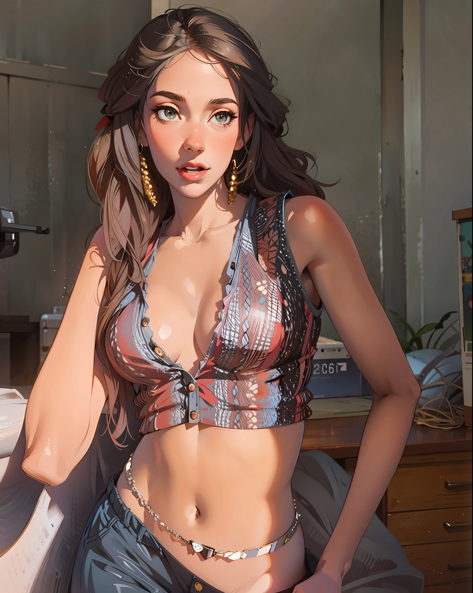 a hyper-realistic portrait of a young woman, half asleep, under a tree, inside a forest, in the middle of nature, 22 years old, realistic, (lying on her side), she is wearing a red panties, (wearing a garter belt and black pantyhose), sexy, (huge breasts 2:1), torn, (all torn), short brown hair, (hair tied with bows), curved, SFW