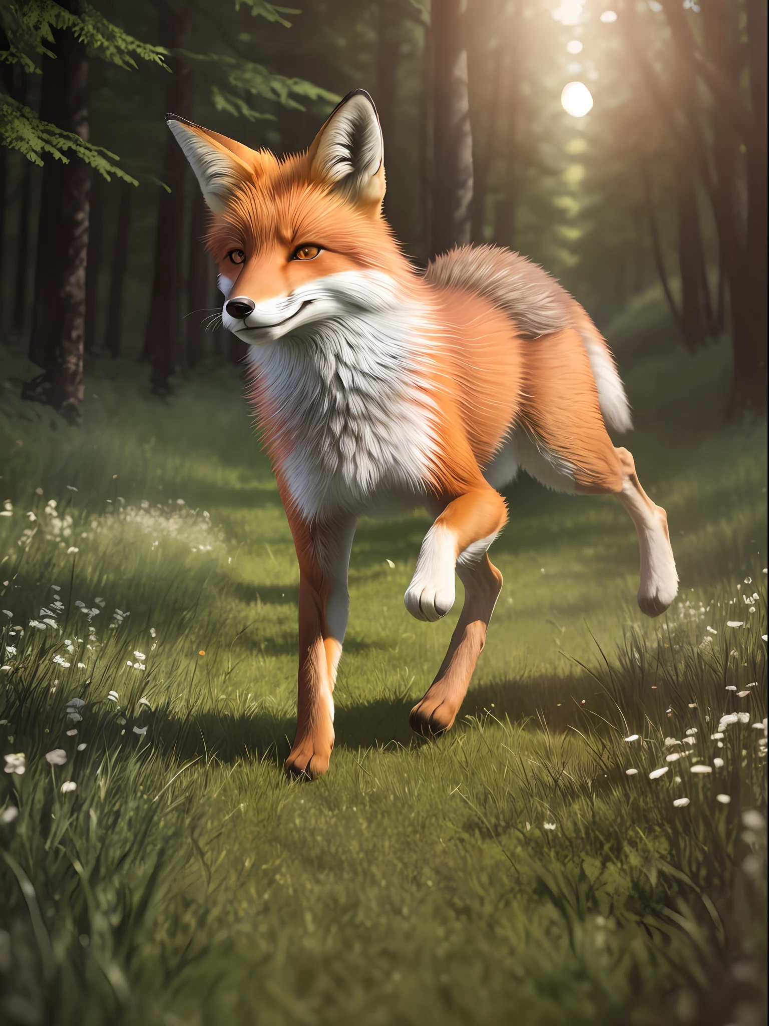 Beautiful fox, eyes open, smiling, running in the grass, woods, good lighting, ultra detailed