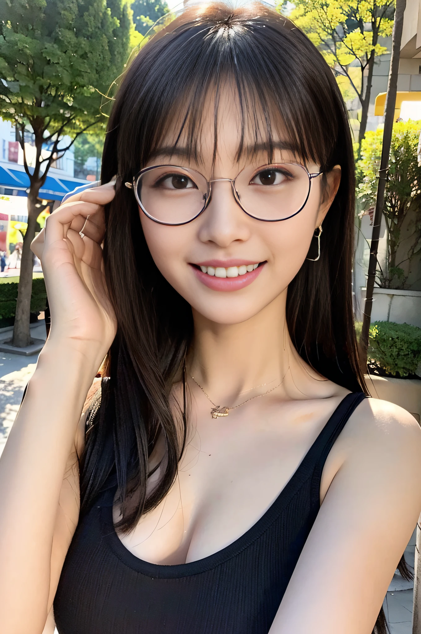 High Quality, 8K, HDR, High Resolution, Bokeh: 1.3, Photography, (RAW Photography: 1.2, Photorealistic: 1.4, Masterpiece: 1.3, Best Quality: 1.3, Ultra High Definition: 1.2), Perfect Anatomy, (Beauty), (Balanced Eyes)), Earrings, (Tank Top), (Smile)), High Detail Skin, Beautiful Skin, ((Wolfcut, cropped bangs)))), ((Night Park) ), ((((glasses)))