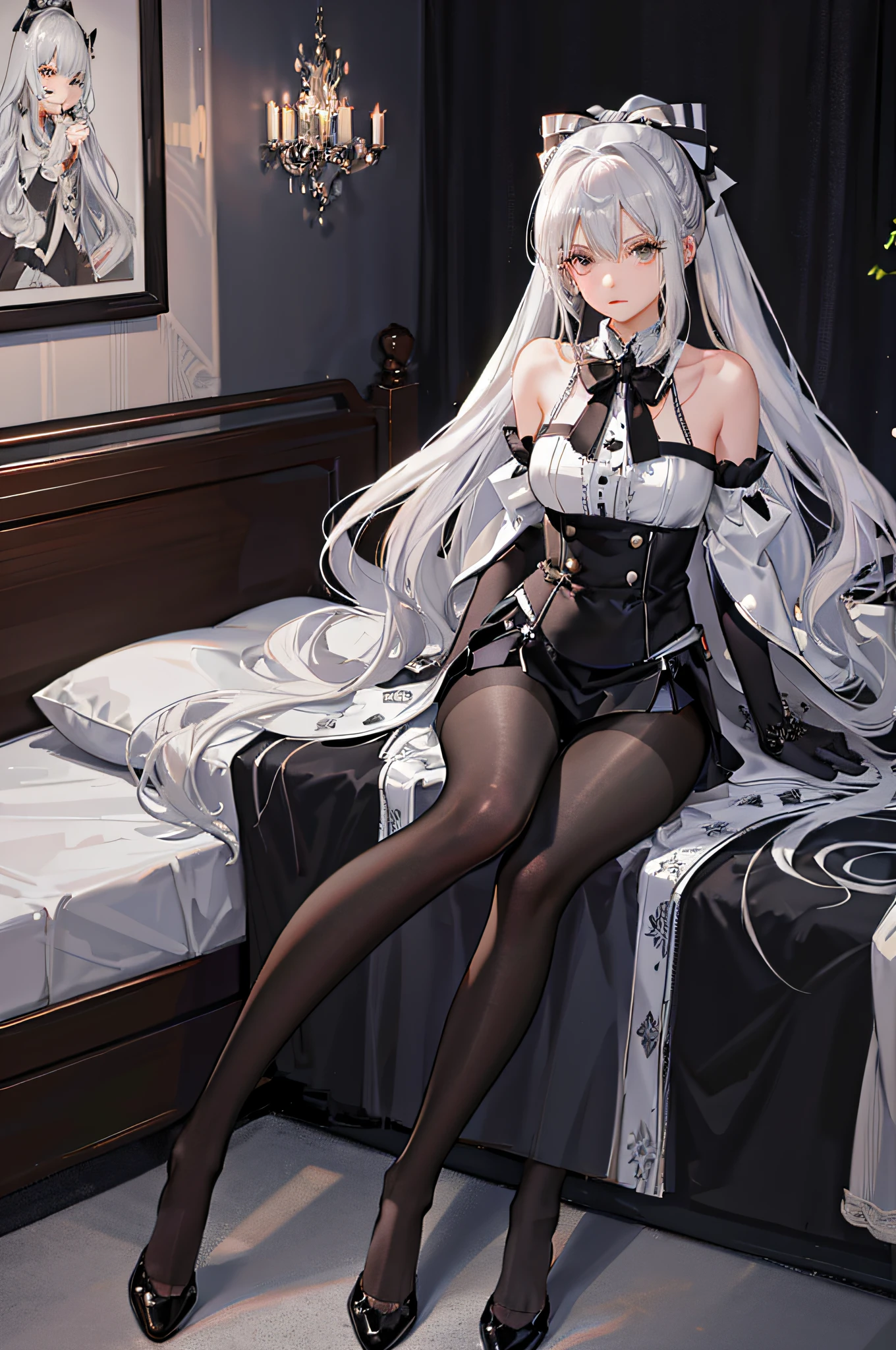 (((1 girl)),ray tracing,(dim lighting),[detailed background (bedroom)),((silver hair)),((silver hair)),(Fluffy silver hair, plump slender girl)) with high ponytail)))) Avoid blonde eyes in the ominous bedroom ((((Girl wears intricately embroidered black high-waisted pants with pantyhose) and white ruffled bow gloves), showing a delicate slim figure and graceful curves, correct limbs, sitting on the bed