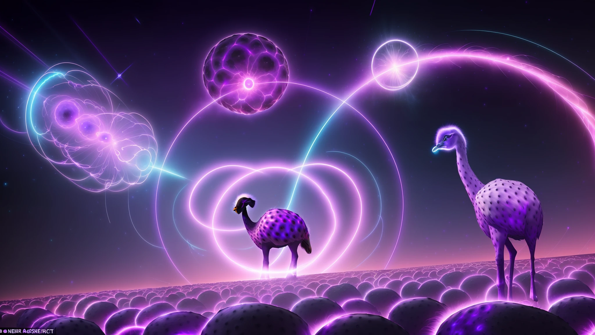 a central glowing twisted ring of astral energy, connected by many thick electric arcs, surrounded by electric orbs, particle space background (with a faded purple ostrich with long neck in the backdrop at 5% opacity:1.3), nebula, amazing wallpaper, above the clouds, quasar, quantum, quarks, purple, magenta, nostr, nostrich