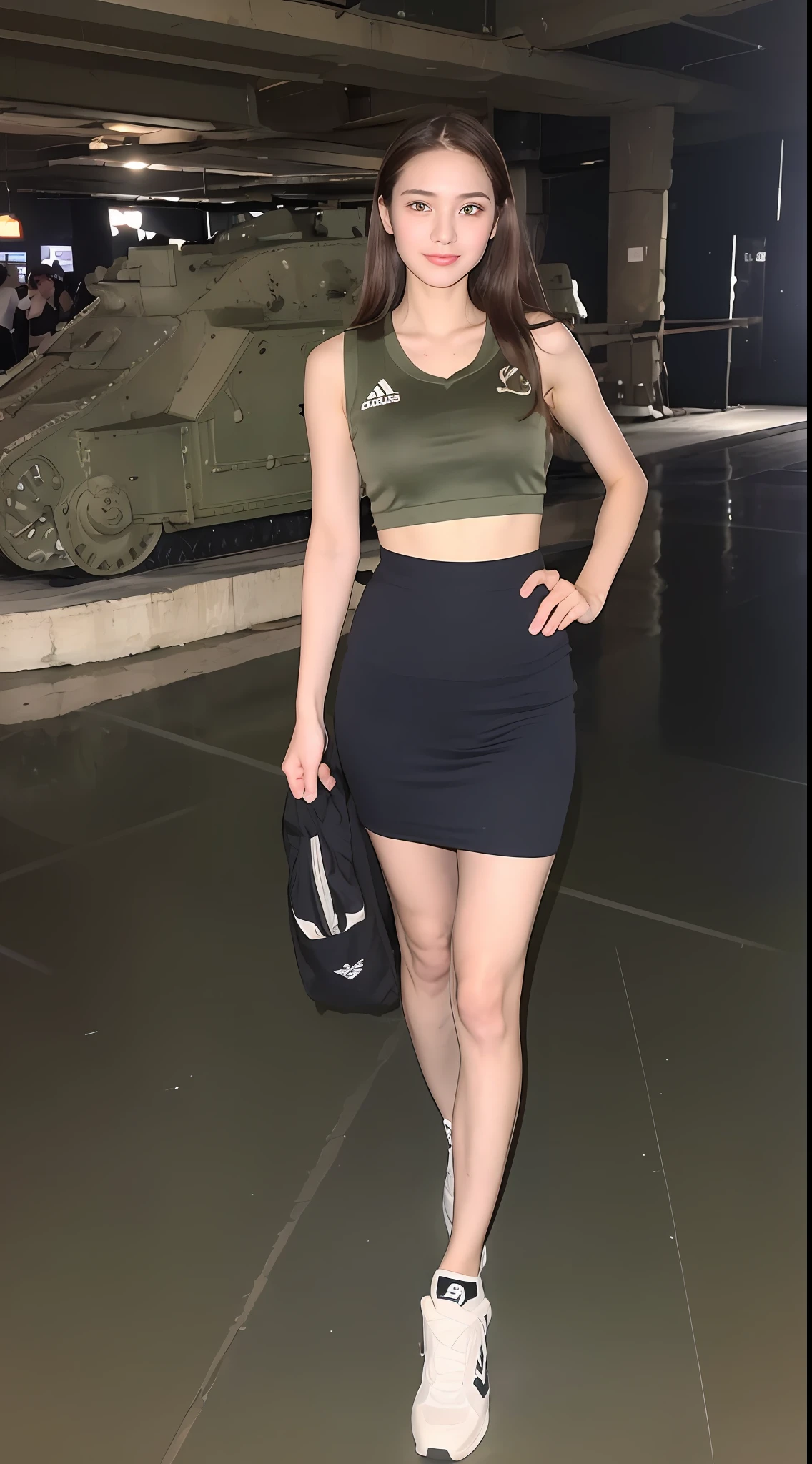 ((Best Quality, 8k, Masterpiece: 1.3)), 1 girl, smile, full body, slim face, pretty woman, (dark brown hair), military uniform: 1.1, (((sporty pose))), extra long legs, super detailed face, detailed eyes, double eyelids, tank, blurred background, slim face, battlefield background, particles, full body,