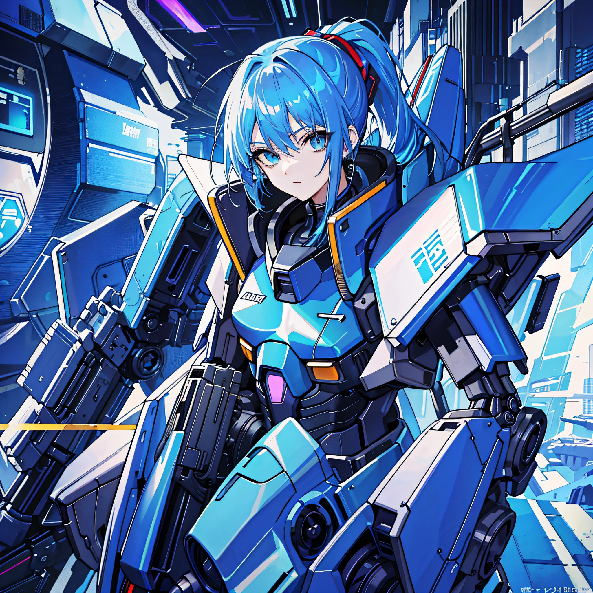 Blue Hair, Masterpiece, Best Quality, 1 Girl, Middle, (((Album Cover)), Light on Face, Slim Body, Blue Costume, Exoskeleton, Cyberpunk Style, Ponytail, Gundam, Supine