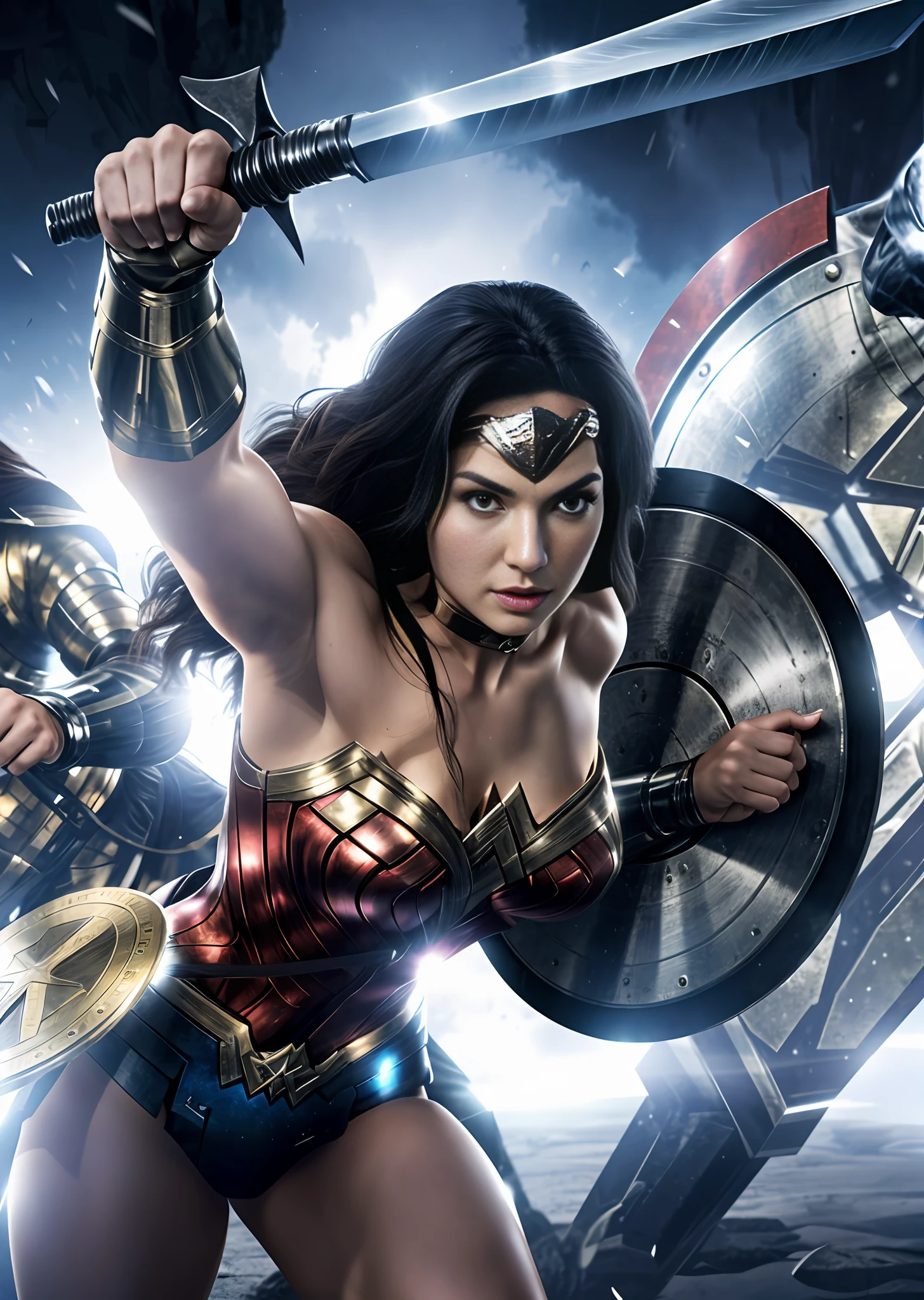 4K, Wonder Woman, muscular body, long hair, metallic suit, holding sword and shield.