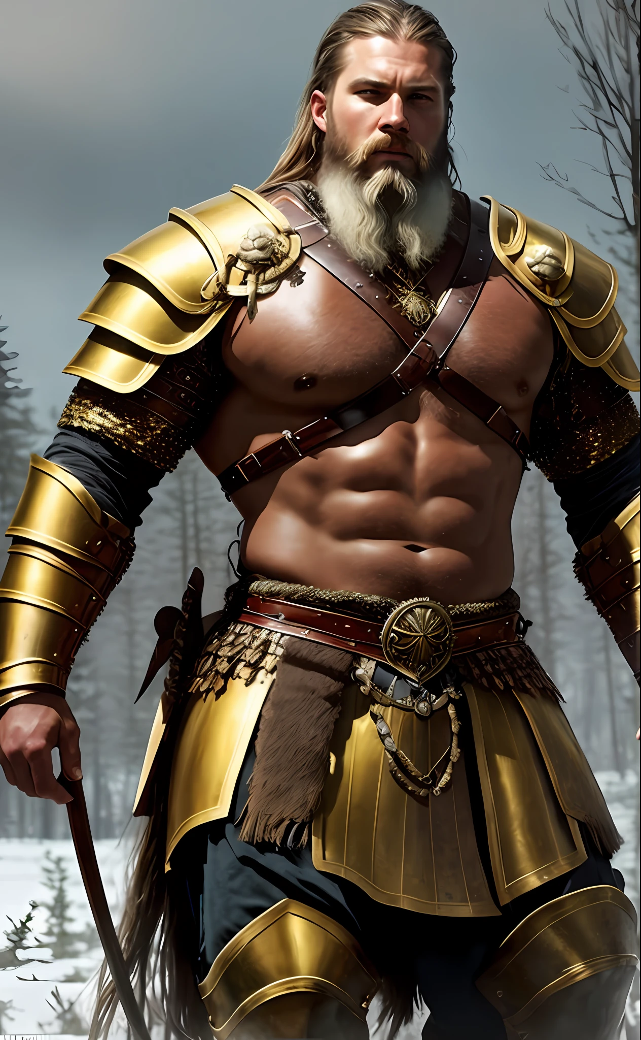 ultra-realistic photo, tall Nordic viking warrior, black hair with braids, brown skin++, viking+ beard, (((wearing gleaming golden armor,))) grasping his own breastplate+++, detailed skin, huge muscles+, huge muscular thighs+, large bulge, costume, snowy Nordic forest, male, manly, looking at the viewer, model style session, (extremely detailed CG), photo of beautiful works of art, (Jeremy Mann),  High Detail, Sharp focus, dramatic+, oil painting++, (photorealistic), Intricate, beautiful, gigachad++,