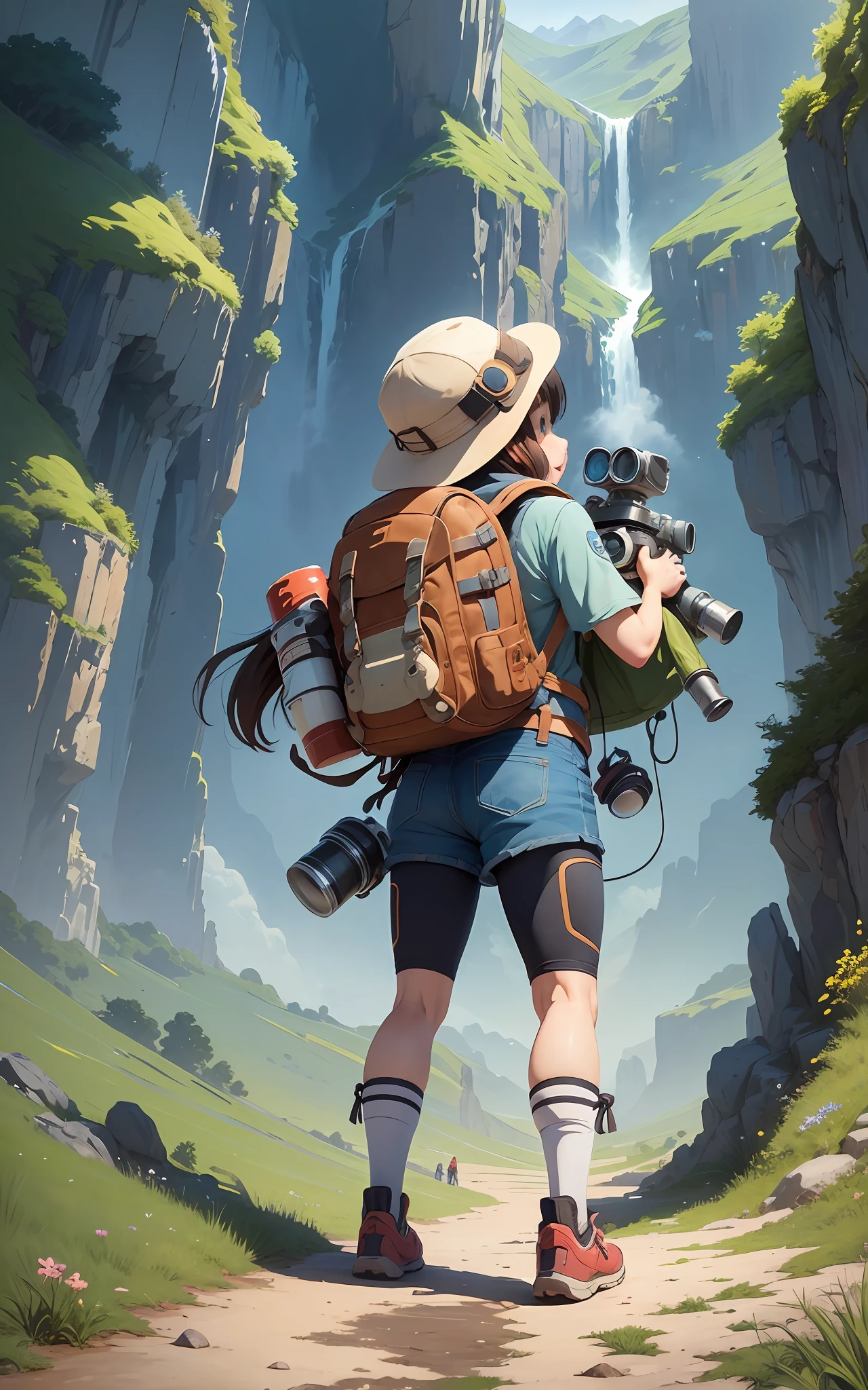 Illustrations similar to the best Ghibli, full body, cute, adventurous, playful, curious, smiling, exploratory, eye-catching, dynamic, energetic, vivid colors, exciting, exploring, active, fun, expressive, adventure gear, explorer hat, backpack, binoculars、、、 have something, space background --auto --s2