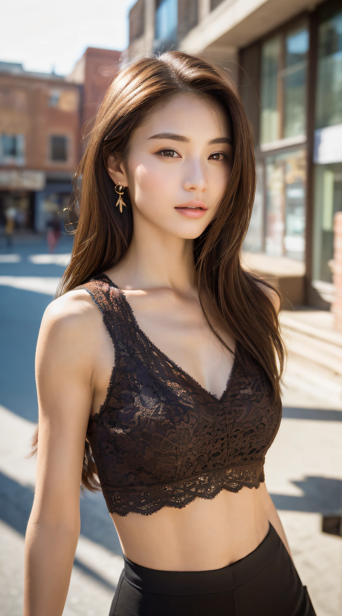 ((Top Quality, 8k, Masterpiece: 1.3)), Sharp Focus: 1.2, Beautiful Women with Perfect Style: 1.4, Slender Abs: 1.2, ((Dark Brown Hair, Small: 1.2)), (Natural Light, City Street: 1.1), Highly Detailed Face and Skin Texture, Detailed Eyes, Double Eyelids