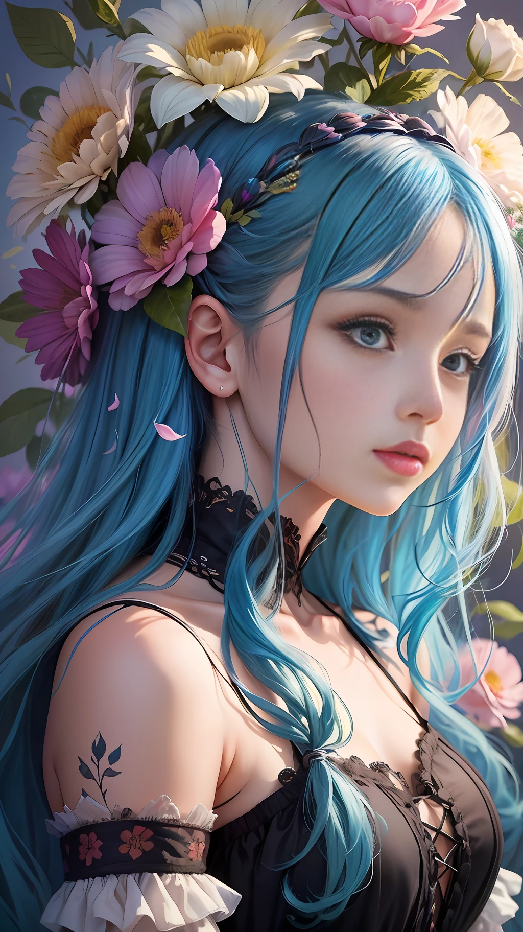 The image described is a painting of a girl with blue hair and flowers. It appears to be a visual representation of a young girl, possibly a portrait or a fictional character, with distinctive and colorful hair. The use of blue for the girl's hair symbolizes creativity, freedom, and individuality. It is a striking choice, as it challenges the convention of natural hair colors, reflecting the artist's intention to create an eye-catching and unique portrayal.
The flowers woven into the girl's hair add depth and multiplicity to the painting. They can symbolize various concepts, such as natural beauty, innocence, growth, and the changing seasons. The type of flowers used in the image can provide further insight into the themes and emotions evoked by the painting. For example, if the flowers are roses, this could symbolize love, passion, or fragility.
Considering the elements mentioned above, this image can be interpreted in numerous ways, depending on the viewer's mindset and the context in which the painting is displayed. It could be understood as a celebration of beauty and self-expression, an exploration of themes related to nature or personal identity, or even a commentary on the social expectations surrounding appearance and femininity. The painting invites viewers to engage with the artwork, contemplate its elements, and derive their interpretations from the unique blend of color, form, and natural imagery.