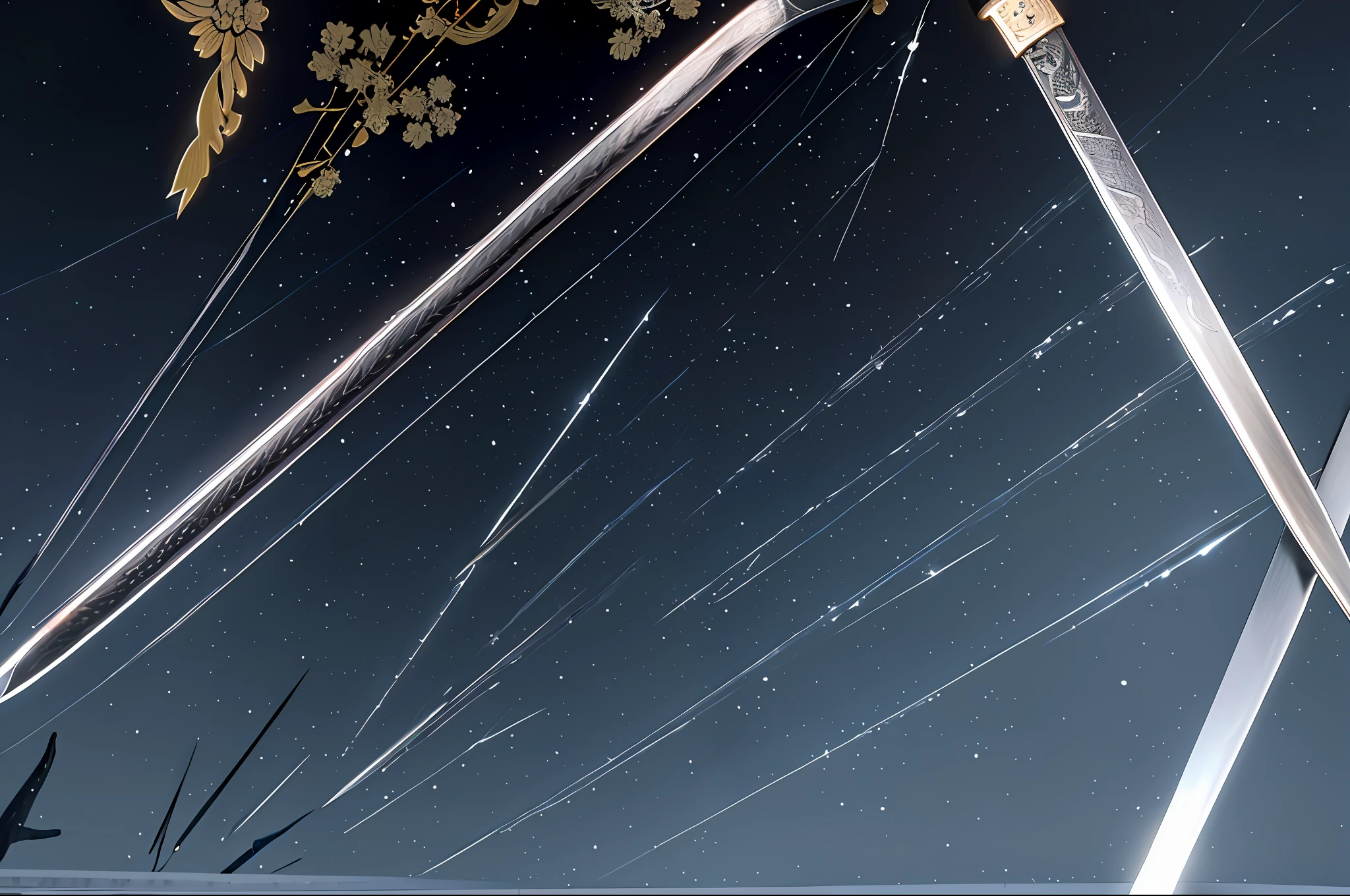 a close up of two swords with a black background, jiang sword, gujian, swinging reflective katana, shining silver katana sword, katana, long sword, large sword, katana scabbard, steampunk katana, broadsword, longsword, basic steel sword, polearm glaive, chinese, dual swords, war blade weapon, one broadsword