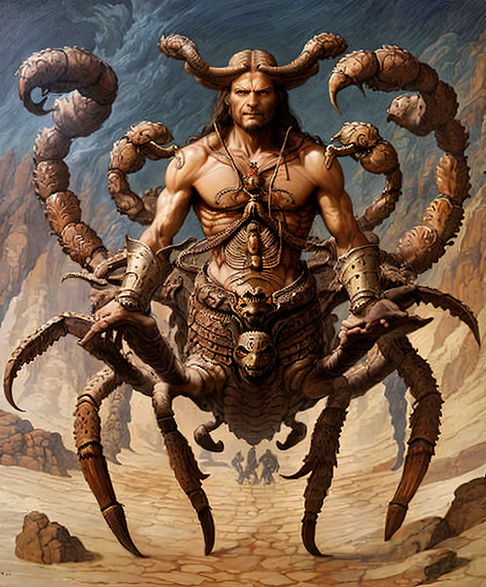 a painting of a man with a giant crab on his back, gerald brom style, portrait of a scorpion goddess, michael hutter, symmetrical epic fantasy art, by Gerald Brom, inspired by Gerald Brom, male centaur centaur chimera, style of gerald brom, on an epic intricate oroboros, horned god, james gurney brom
