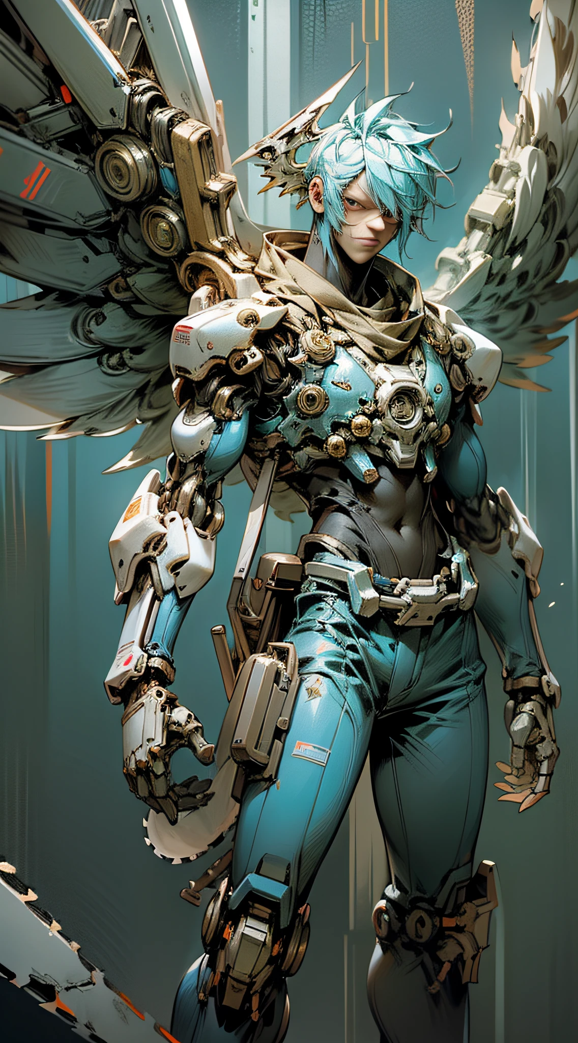 Dark Fantasy, Cyberpunk (Chainsaw, Chainsaw Man, Blue: 1.1), 1 Male, Mechanical Wonder, Mechanical Angel, Mechanical Guard, Mechanical Guard, Wings