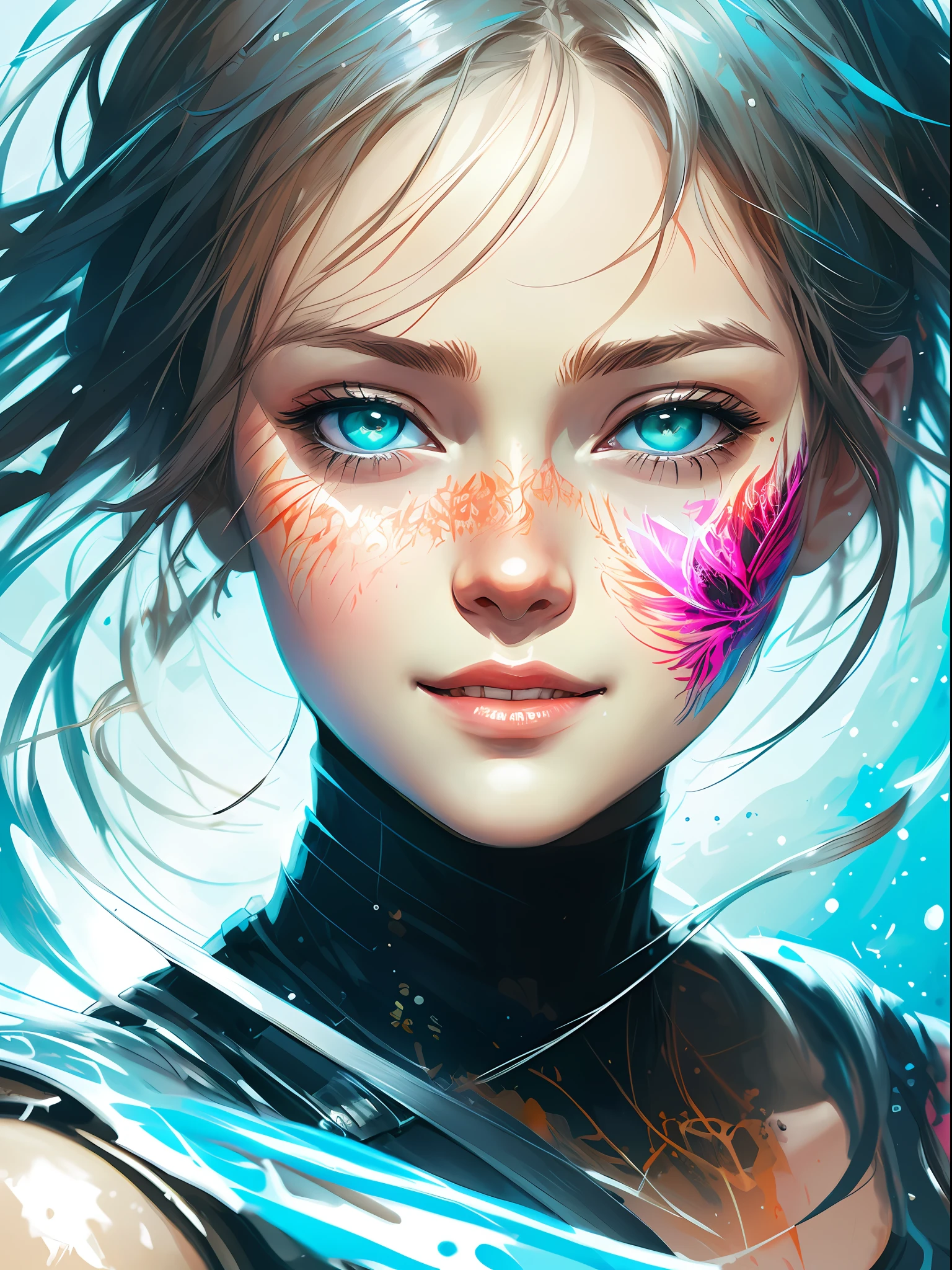 happy girl, centered, looking at the camera, approaching perfection, dynamic, ocean, highly detailed, digital painting, art station, concept art, smooth, sharp focus, illustration, art by Carne Griffiths and Wadim Kashin, detailed face, 4k