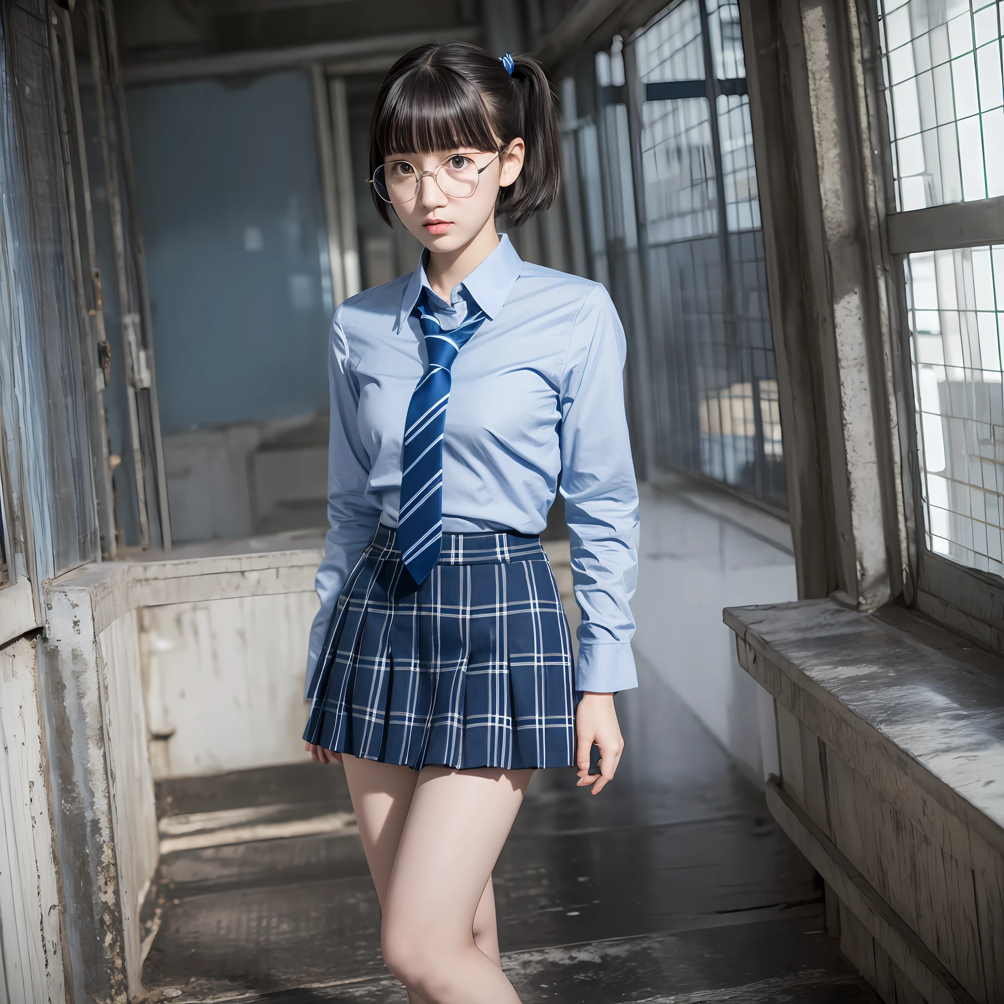 1 girl, solo,raw photo, frank, narrow eyes, full body, black pantyhose, textured skin, ,blue tie, short twin tails, bangs about eyebrows,(medium hair:1.2), pale skin, Japan person, glasses, small, young, tall, dark expression, bright black eyes, anger, school uniform, school pleated skirt, blue and dark blue gray-silver checked skirt dark blue× blue check, Slender Body, Medium Build, Small Waist, Wide Thighs, Photorealistic, Top Quality, 8K, Masterpiece --auto --s2