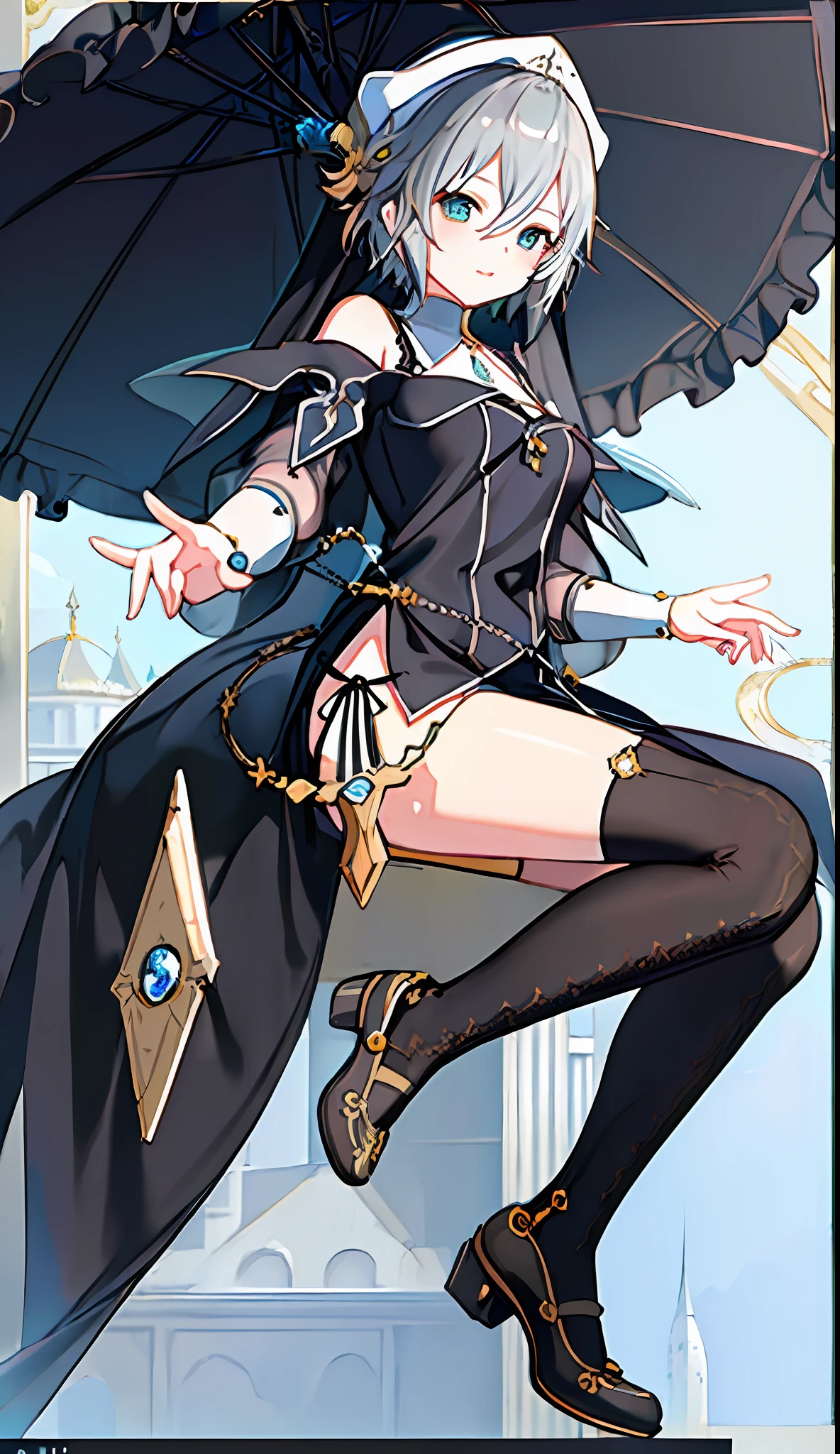 (((Masterpiece)))), (((Best Quality)))), ((((Very Detailed)))), Detailed Fingers, Precise Fingers, Non-Unnatural Hands, Gold Hair Ornament, White Sister Hat, Illustration, Black Sister Veil, Black Knee Socks, Black Shoes, Black Monastic Clothing, NIA, Dynamic Pose