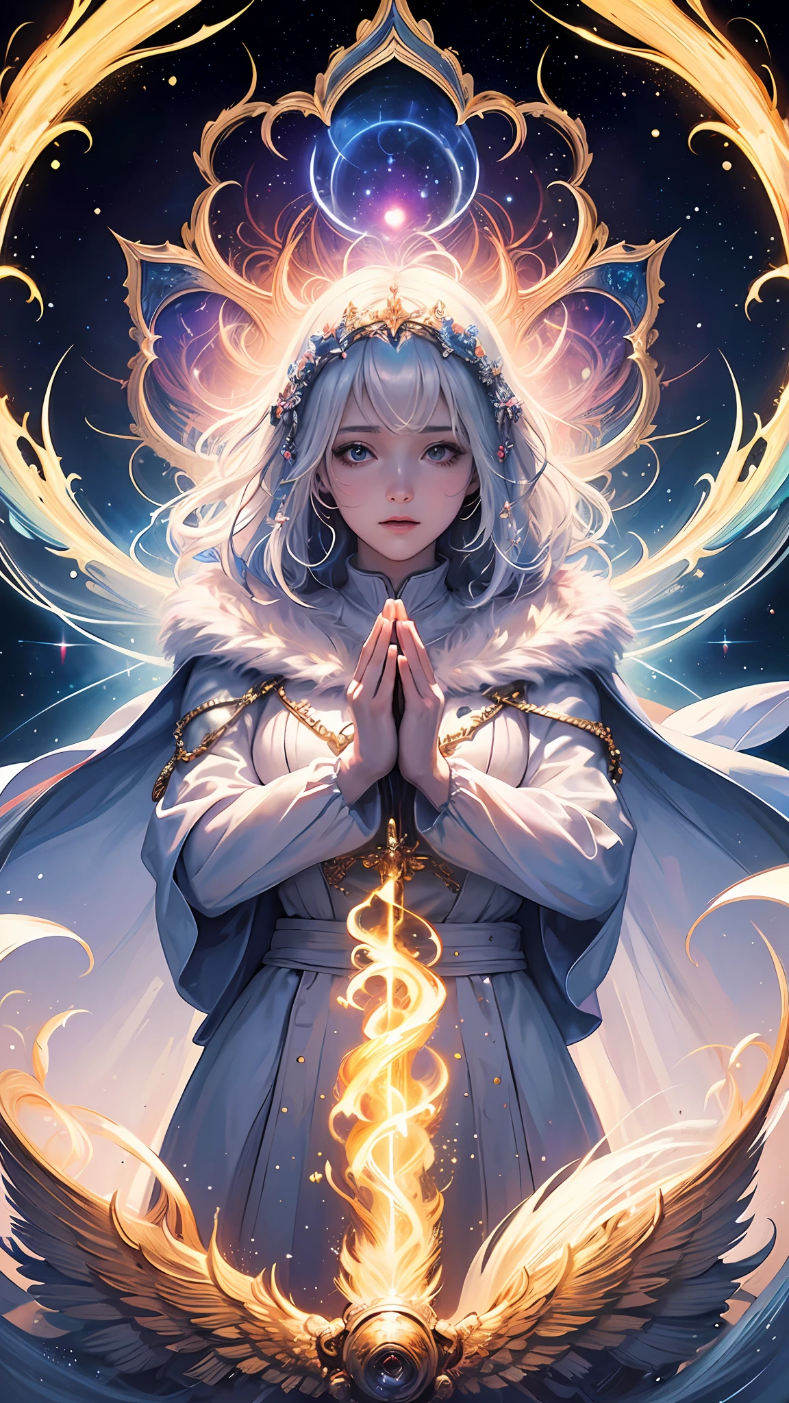 (masterpiece, top quality, best quality, official art, beautiful and aesthetic:1.2), (1girl), extreme detailed, (fractal art:1.3), colorful, highest detailed, perfect face, upper body, HDR, (praying:1.3), (white cloak golden lines:1.2), galaxy, (light streaks), striking visuals, (dynamic streaks, luminous trails:1.2), vibrant colors,