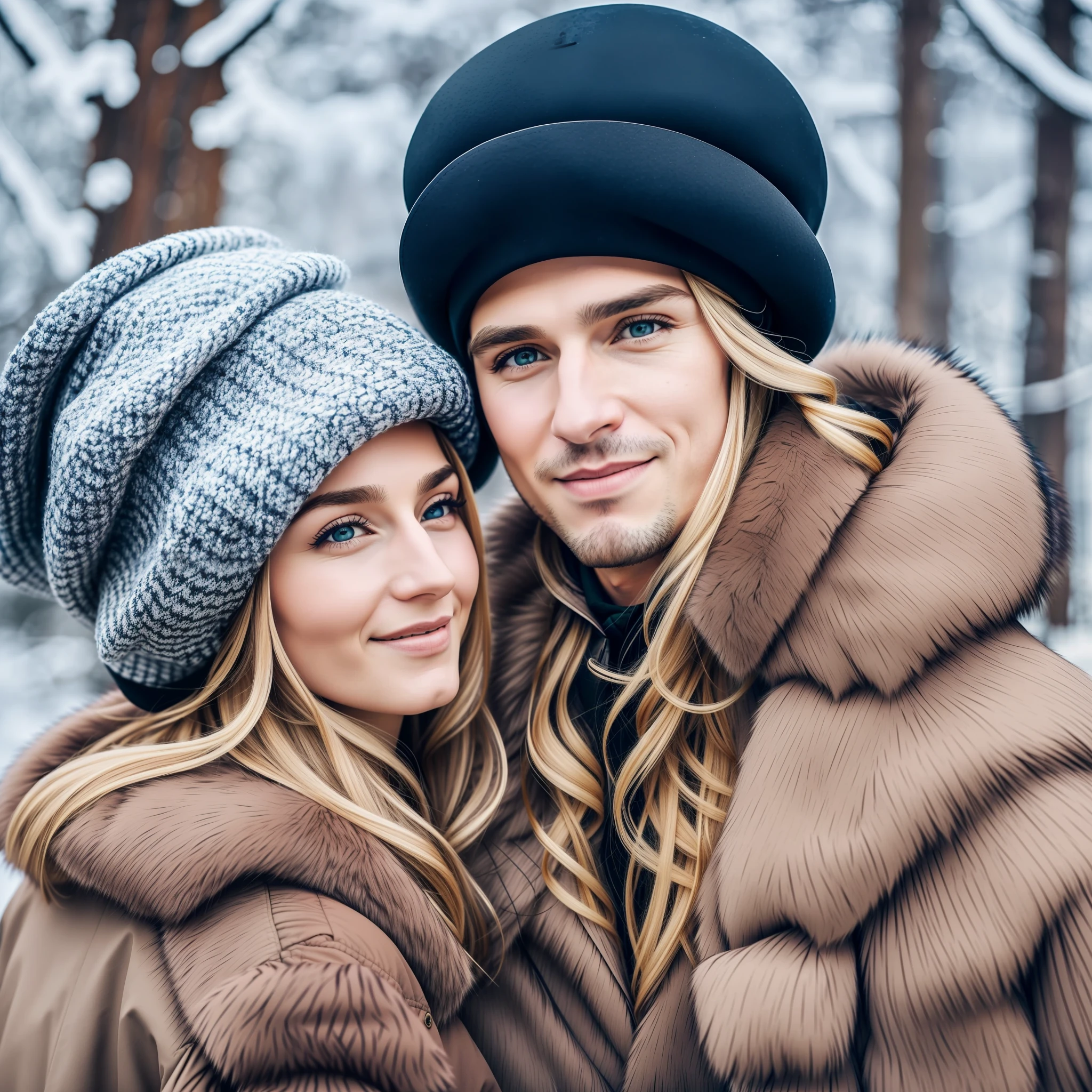 For Russia, the couple (man and woman) is dressed in winter clothes, with fur hats and long coats. The man has a serious and determined look, while the woman has curly blonde hair, with a welcoming smile. --auto --s2