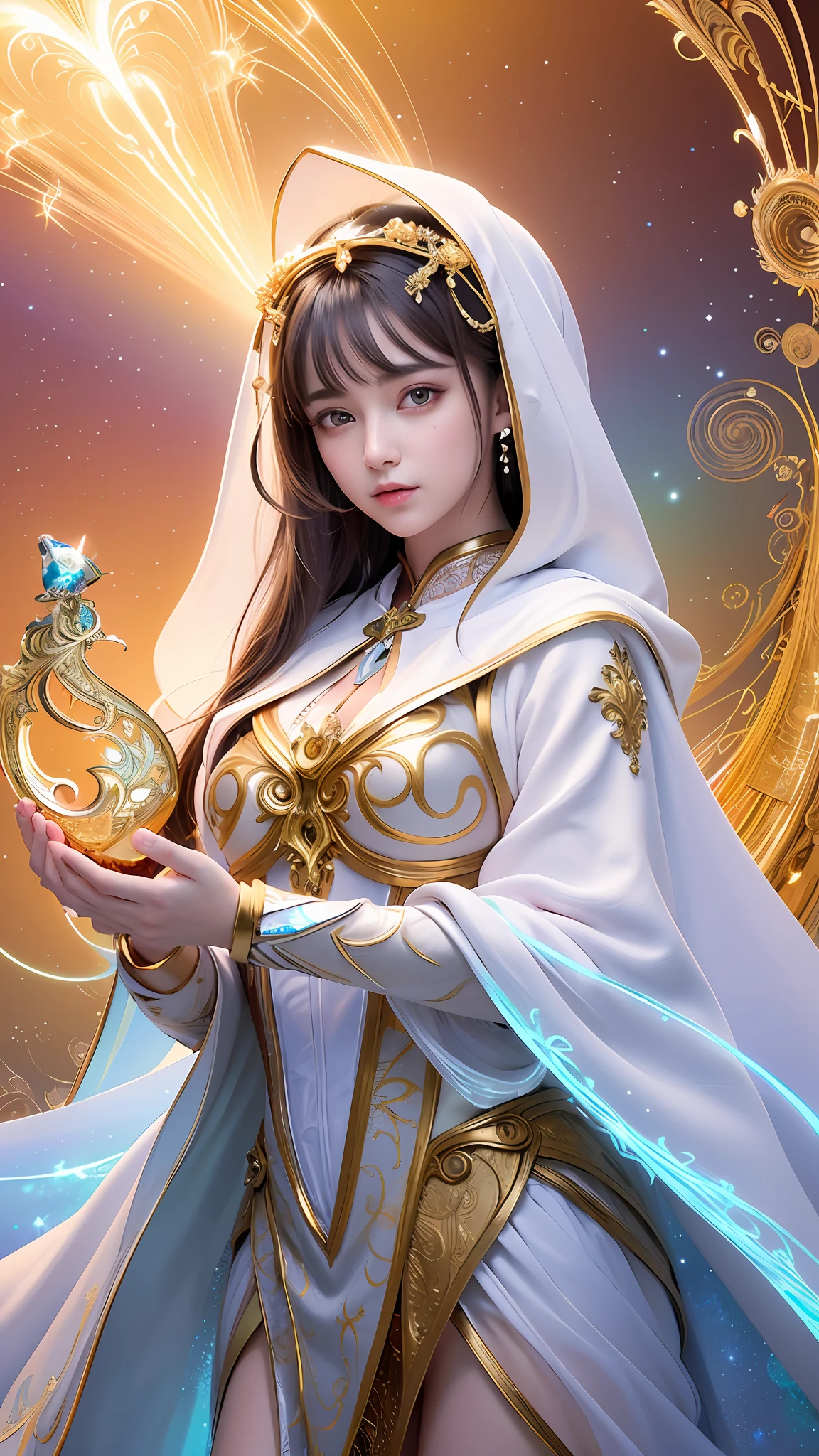 (masterpiece, top quality, best quality, official art, beautiful and aesthetic:1.2), (1girl), extreme detailed, (fractal art:1.3), colorful, highest detailed, perfect face, upper body, HDR, (praying:1.3), (white cloak golden lines:1.2), galaxy, (light streaks), striking visuals, (dynamic streaks, luminous trails:1.2), vibrant colors,