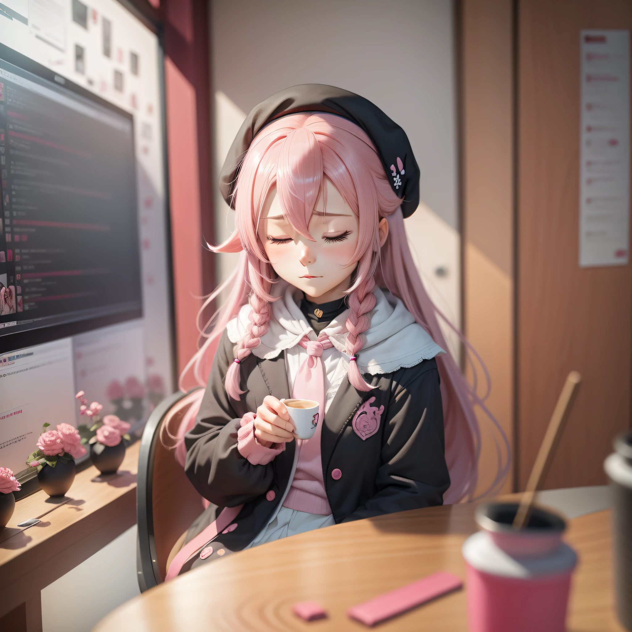 pink hair, ahoge, low-tied long hair, beret, closed eyes, cat ears, drunk, ray tracing, framed, panorama, f/2.8, UHD, super detail, best quality