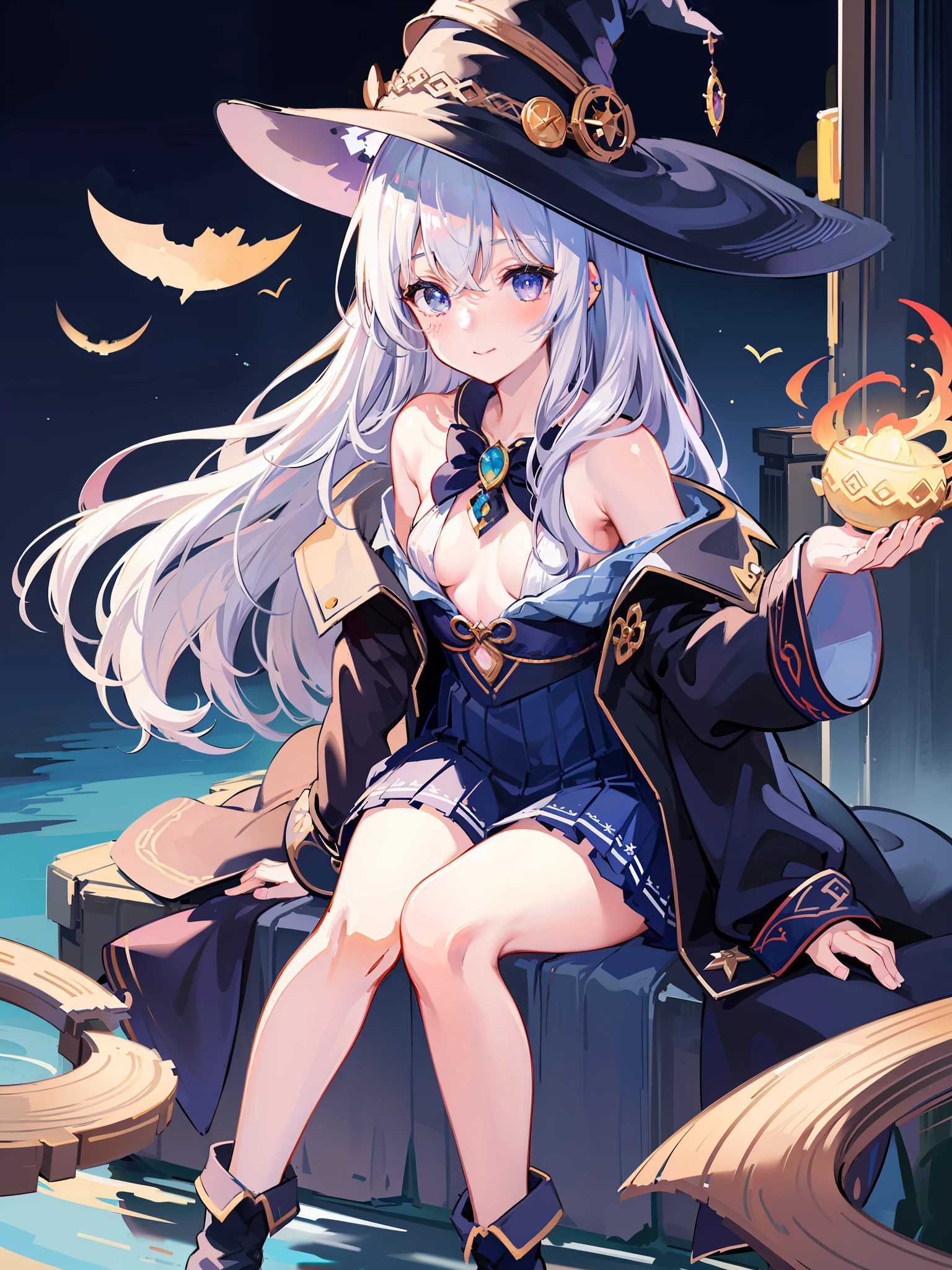 A woman in a witch hat sitting on a bench with a pumpkin - SeaArt AI