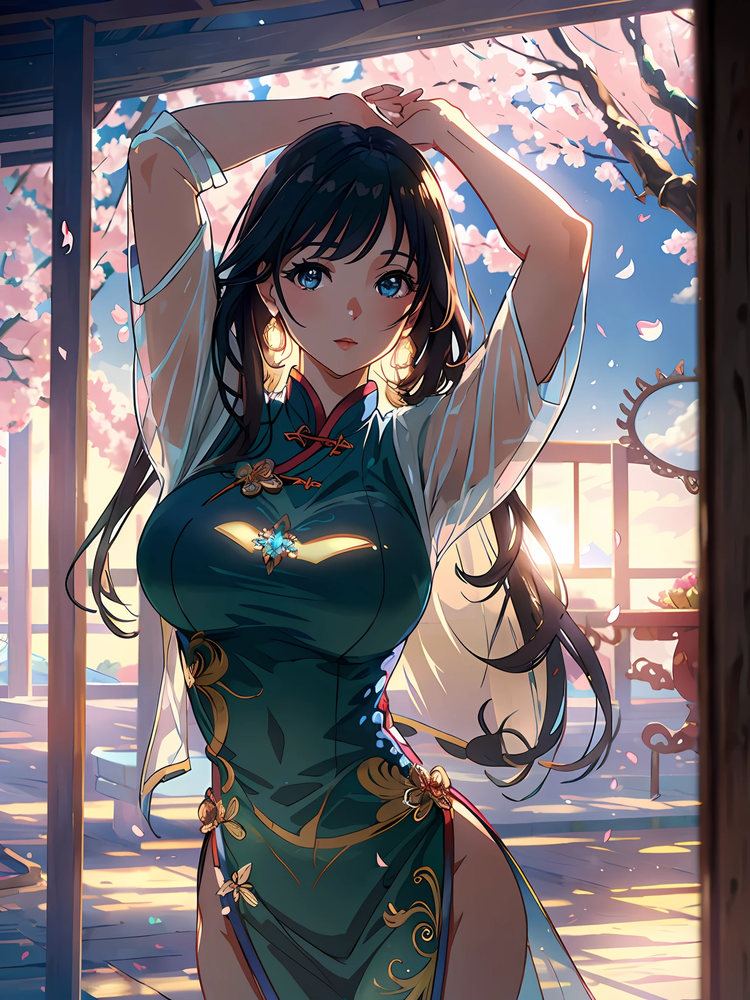 (photorealistic:1.3),(hyperrealistic:1.3),(extremely detailed CG unity 8K wallpaper),(beautiful and clear background:1.2), detailed background, (rim lighting, spot lighting:0.75), ((good anatomy)),fashion model, (finely detailed face and beautiful eyes),(cowboy_shot:1.3),dynamic angle,

(1girl), solo,chinese clothes, china dress,wet clothes, large breasts, huge ass, cool & sexy \(idolmaster\),, looking away, 

petals,reflection light,out door,warm light,