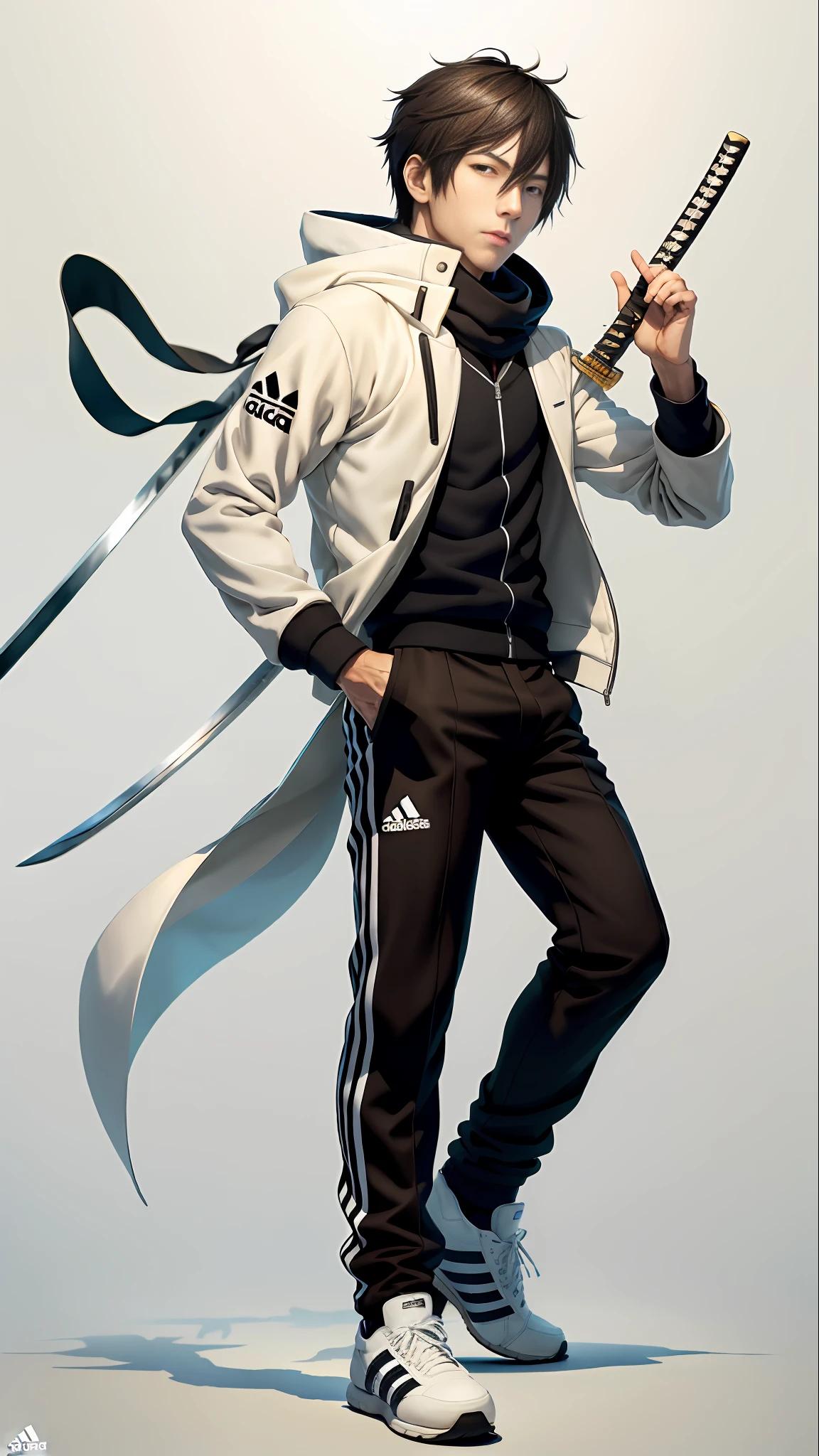 1men,20 years old,hansome,Yato\(Noragami\),soft smile,white scarf,brown boots,(adidas tracksuit),black clothing,full black clothing,(Katana:detailed,long,in hand,strange)