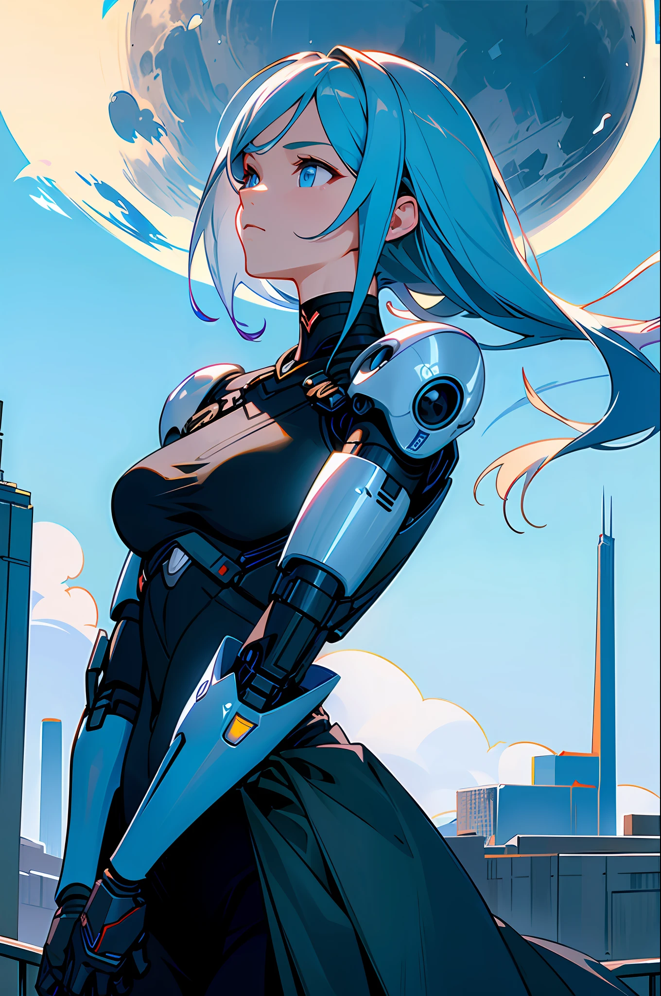 masterpiece, best quality, detailed human cyborg antihero built with AI, sky, cloudy_sky, building, moonlight, moon, night, (dark theme: 1.3), light, fantasy, (miscellaneous facial expressions)