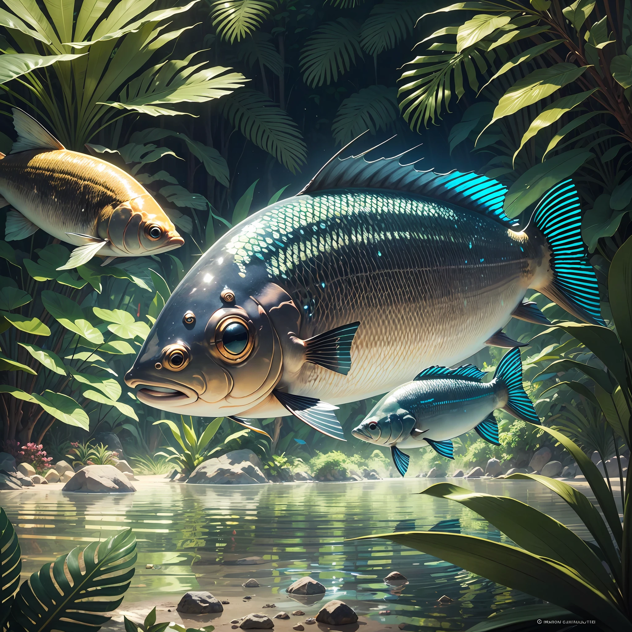 A composition that showcases the Dourado do Brazil in its natural habitat, surrounded by the lush vegetation of the Amazon rainforest. The artwork captures the fish's reflective scales and the interplay of light and shadow in the underwater environment. The mood of the artwork is immersive and tranquil, evoking a sense of harmony between the fish and its surroundings. T-shirt design graphic, vector, enclosed in a square, black background, no text, no logo. --auto --s2