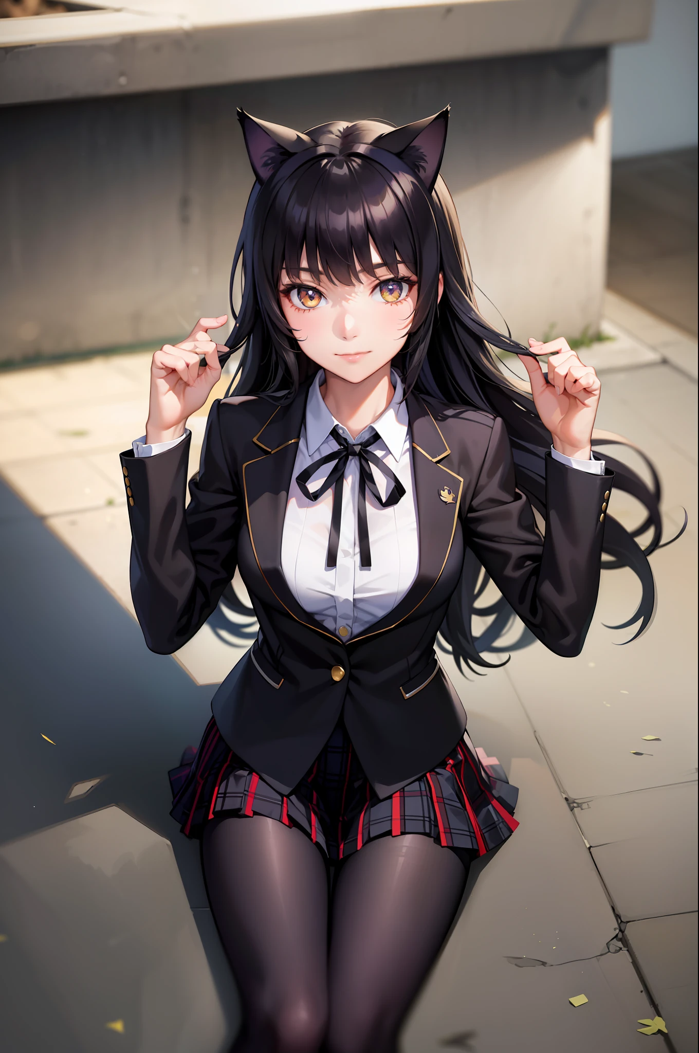 (masterpiece, best quality:1.2), solo, 1girl, blake belladonna, slight smile, closed mouth, looking at viewer, cat ears, school uniform, black blazer, neck ribbon, plaid skirt, pantyhose