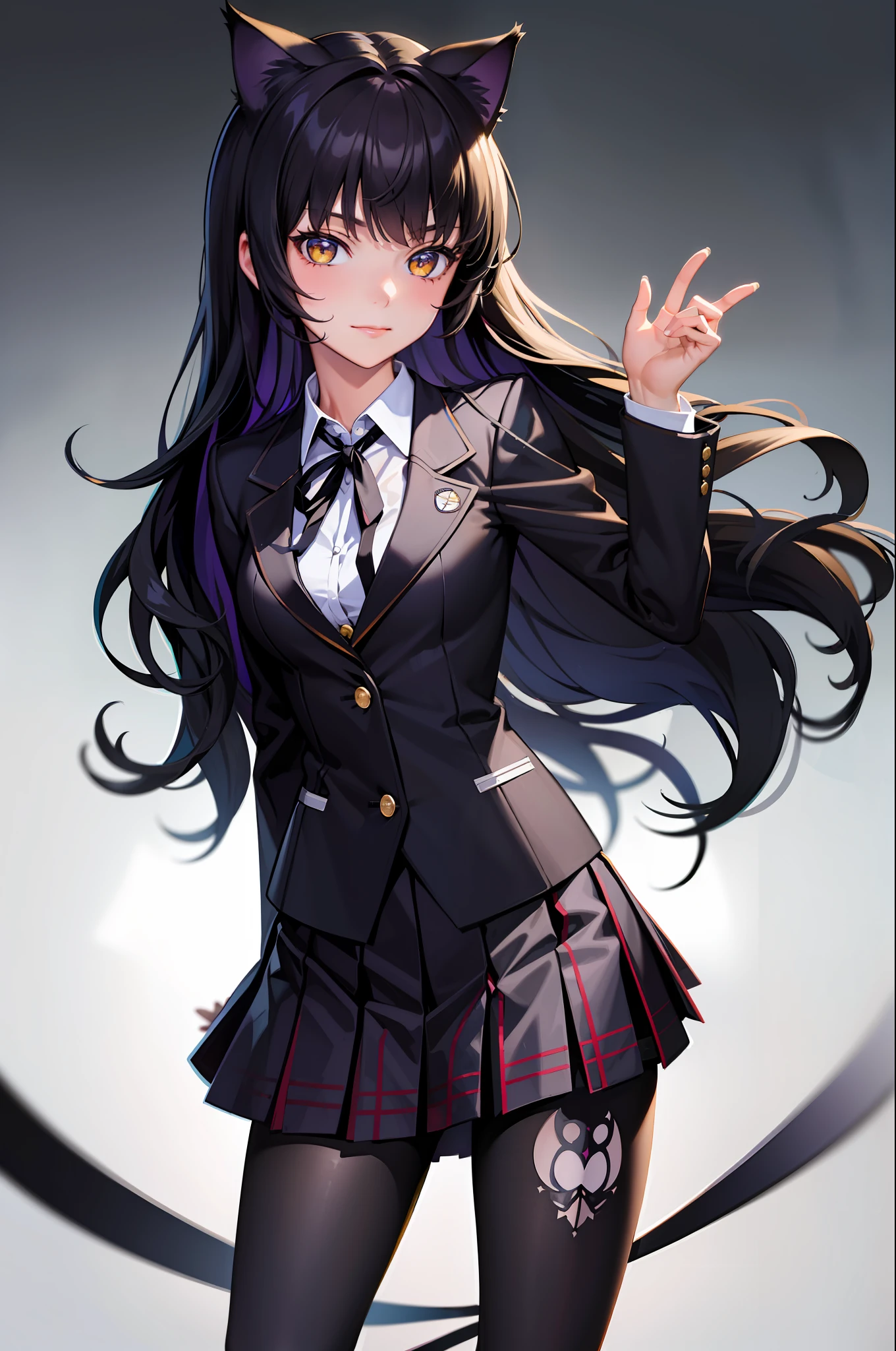 (masterpiece, best quality:1.2), solo, 1girl, blake belladonna, slight smile, closed mouth, looking at viewer, cat ears, school uniform, black blazer, neck ribbon, plaid skirt, pantyhose