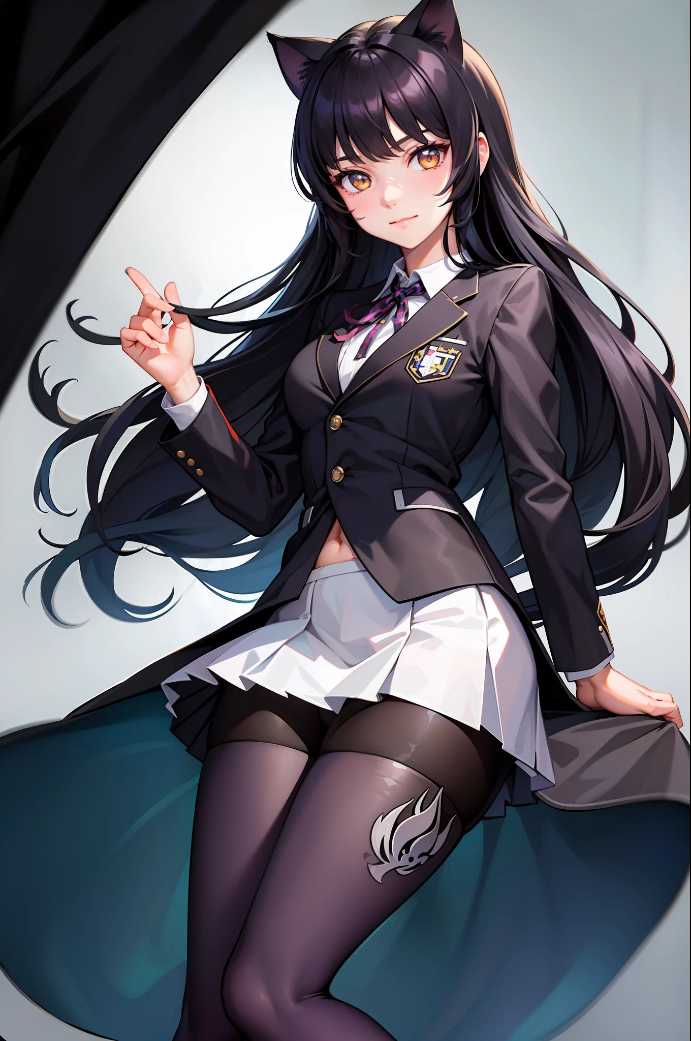 (masterpiece, best quality:1.2), solo, 1girl, blake belladonna, slight smile, closed mouth, looking at viewer, cat ears, school uniform, black blazer, neck ribbon, plaid skirt, pantyhose