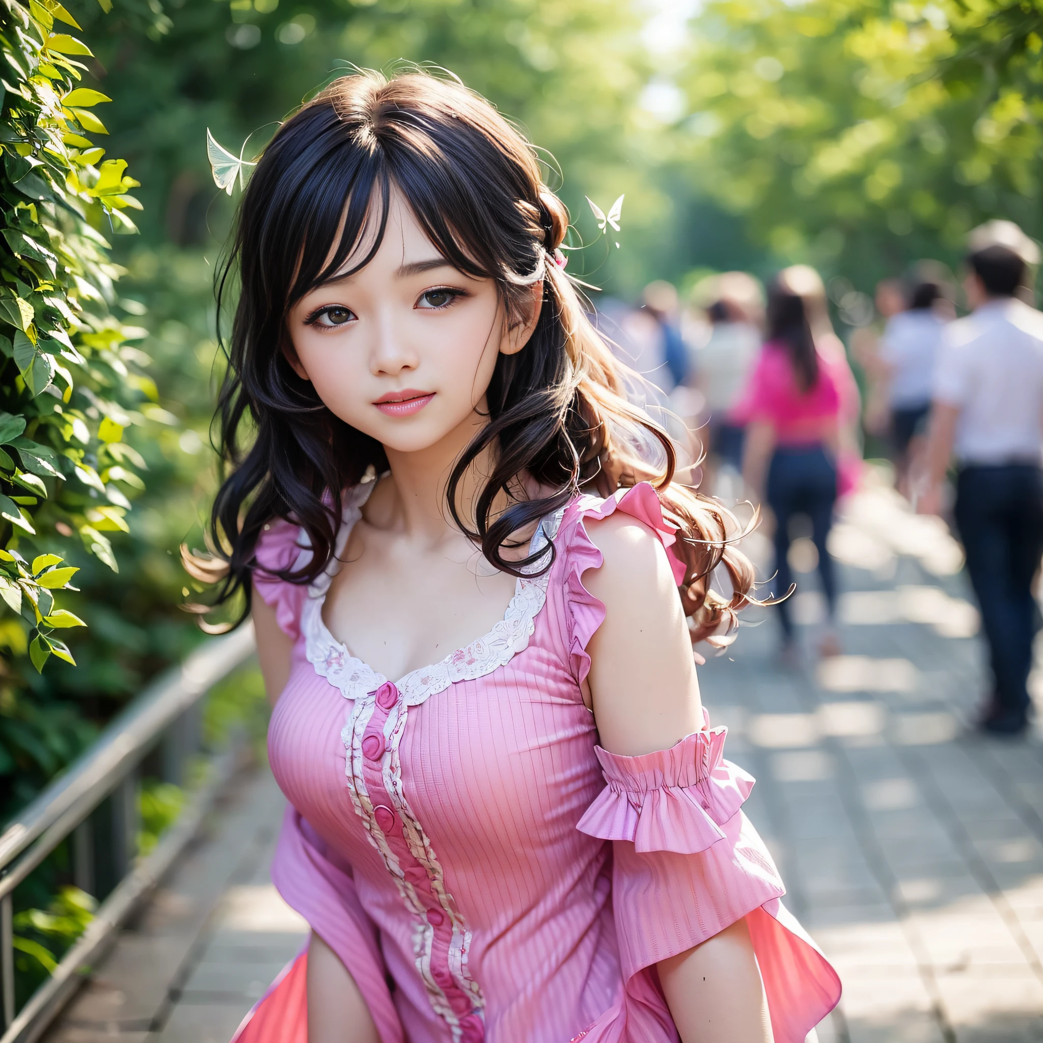 Asian Women, Sweet Smile, Best Quality, 1girl, (Skindentation), (Mid-breast), (Day), Bright, Blur Background, Outdoor, (Street:0.6), (People, Crowds:1), (Wavy Hair:1.5), (blouse:1.5), Gorgeous, (Fluttering:1.5), (Dynamic pose:0. 8), soft light, wind, garden