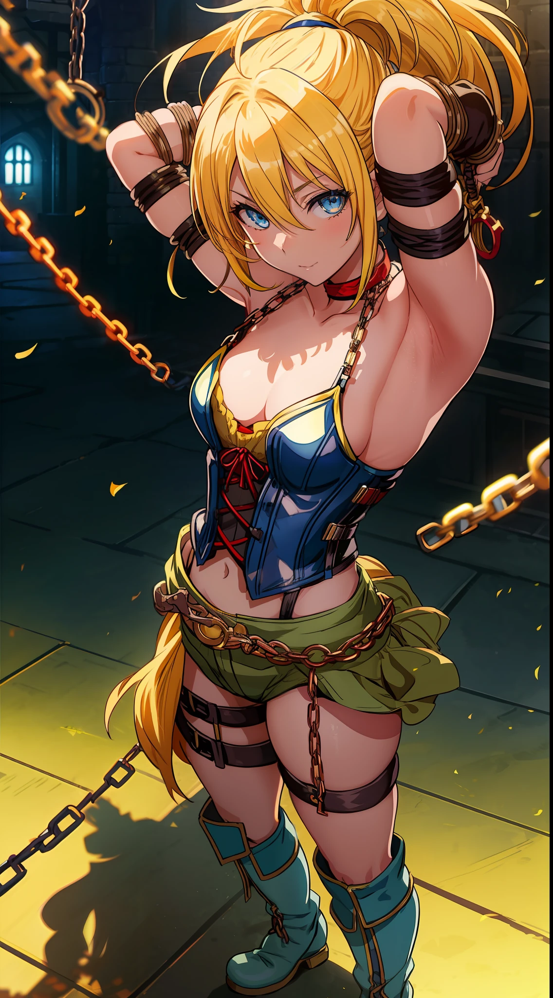 Rikku, (yellow hair, messy ponytail and bangs, blue eyes, flat chest), wearing a sexy tight corset, fingerless gloves, shoulders showing, showing the linga, looking at viewer, lewd, sexy, blue boots, masterpiece, best quality, 8k, sharp focus, depth of field, best shadows, perfect lights, HDR, realistic skin texture, detailed, hyper detailed background,  anime style, wideshot, Arms up (armpit), fantasy city, ((bondage, arms tied, chains)), fantasy dungeon